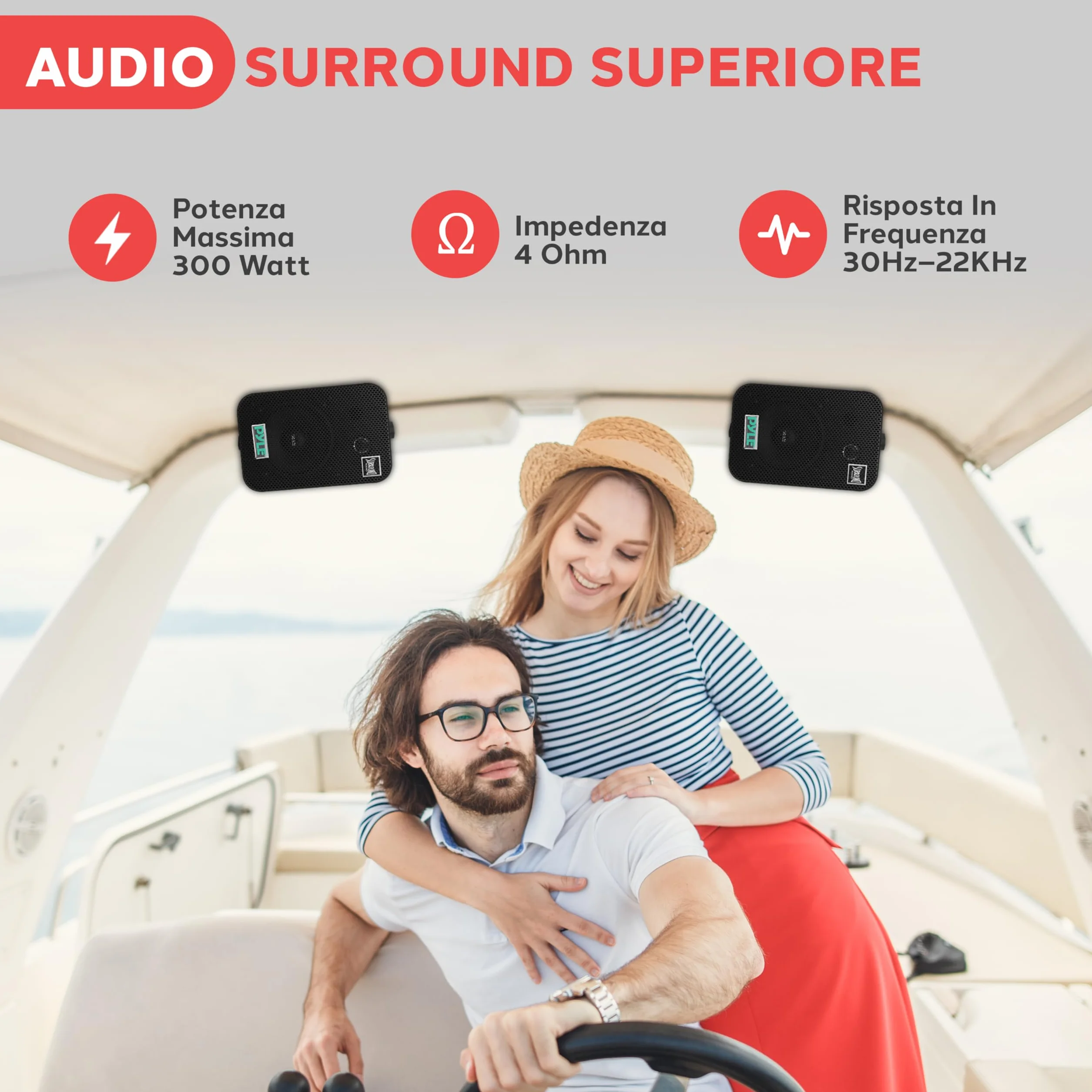 Pyle Sistema Altoparlanti Esterni con Cassa Audio Cablata, Coppia, Speaker Grado Marino 2 Vie 300 Watt Max, Woofer 8.9 Centimetri e Tweeter 2.5 Centimetri, Montaggio Universale per Parete o Soffitto