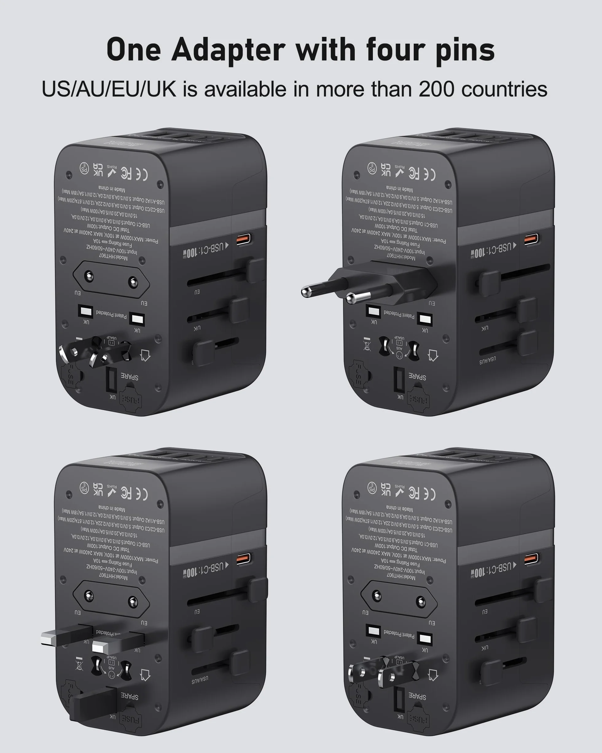 100W GaN Universal Travel Adapter International Power Adapter 5 USB 3 USB C Charging Ports European Travel Plug Adapter Worldwide