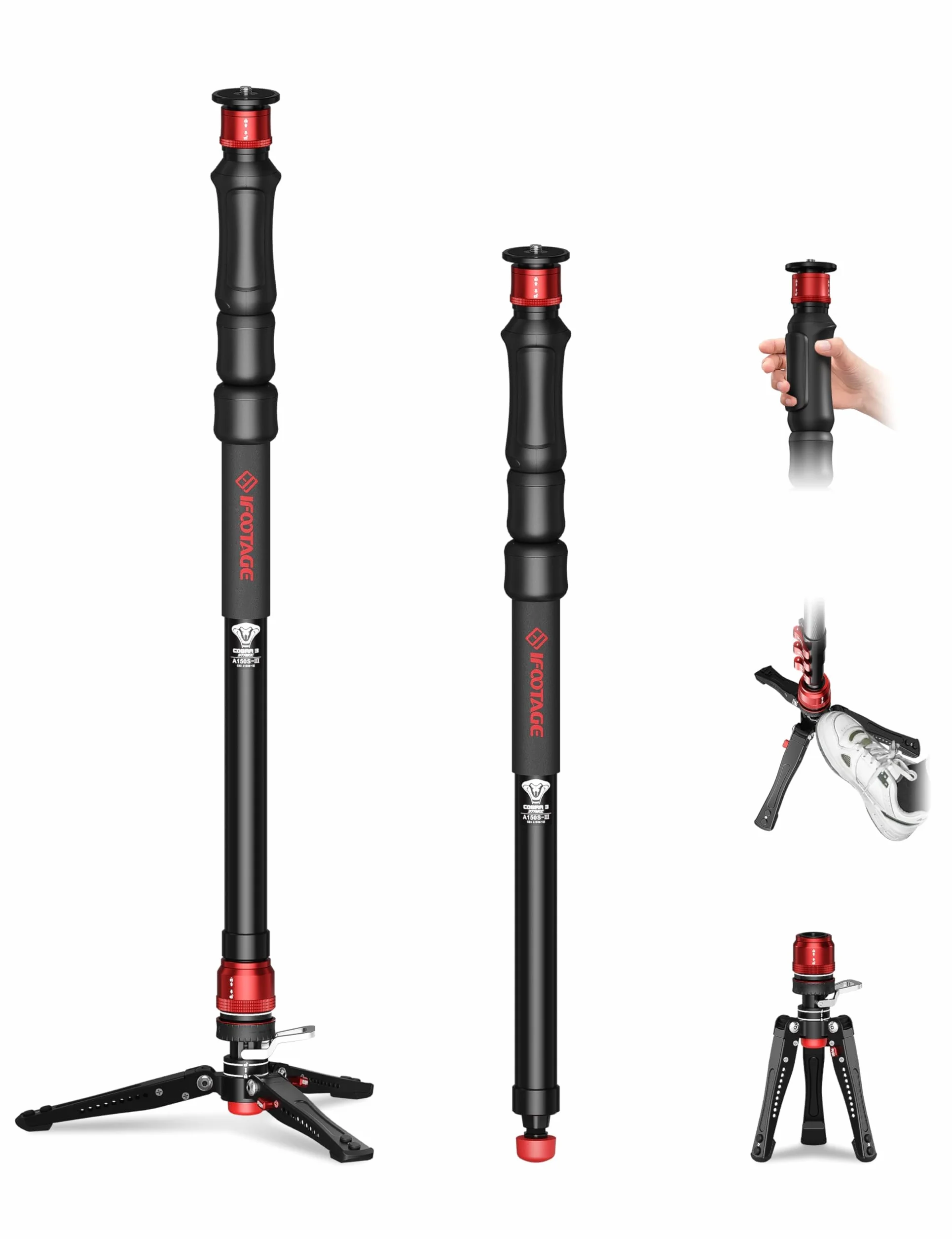 iFootage Monopiede Cobra 3 Strike A150S-, Base di Blocco a Pedale, Regolazione in Altezza in Un Solo Passaggio, Carico Utile Massimo 5 kg, 150 cm