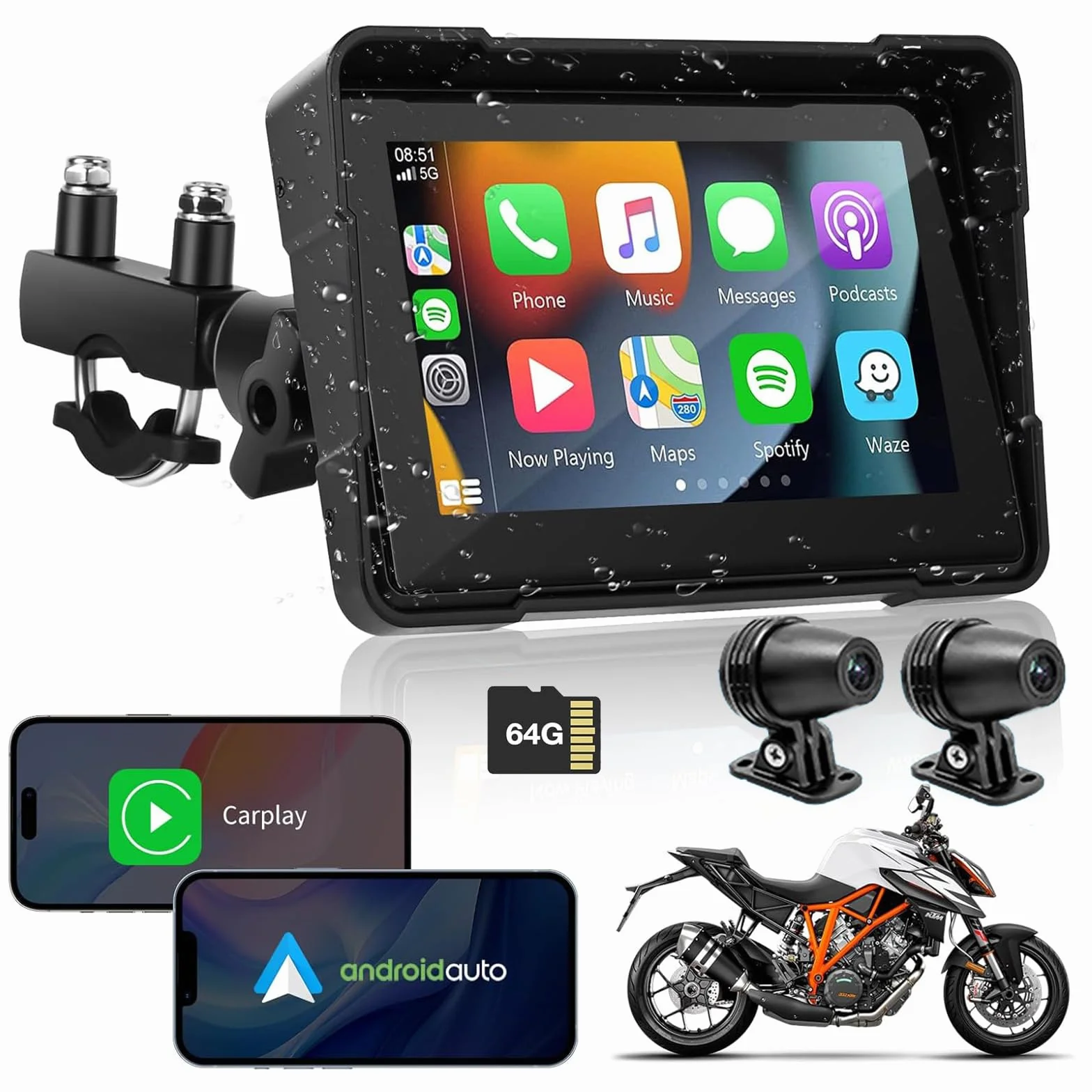 Euakee 5 Pollici Impermeabile Touch Screen Moto Car-play & Android Auto Navigatione GPS Wireless 1000 Nit