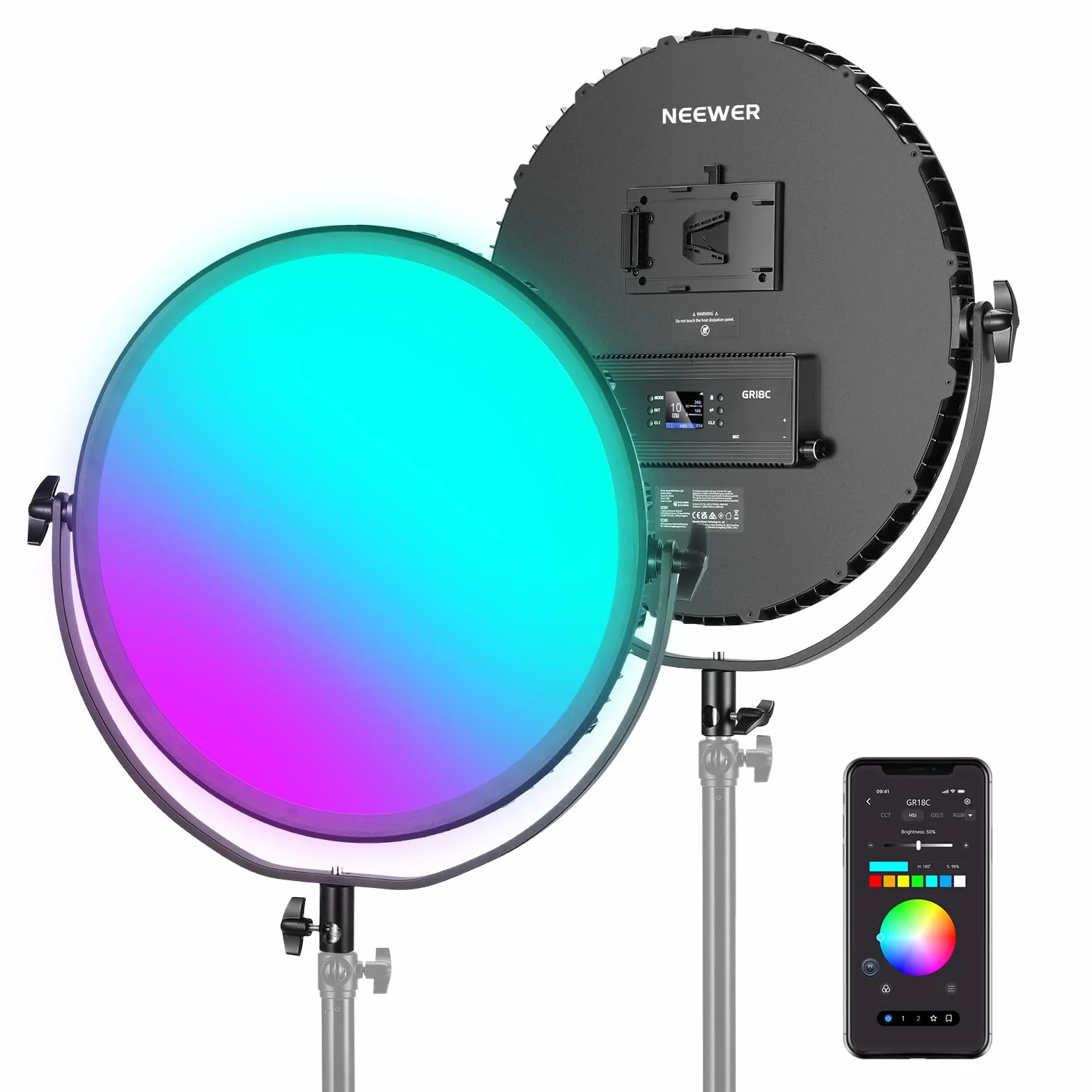 NEEWER 18" Pannello Luce Video LED RGB Rotondo con Controllo APP, 65W 6000Lux/0.5m 2500K-8500K RGBCW Illuminazione da Studio Fotografico /18 Scene/Alimentata a Batteria V per Riprese Streaming, GR18C