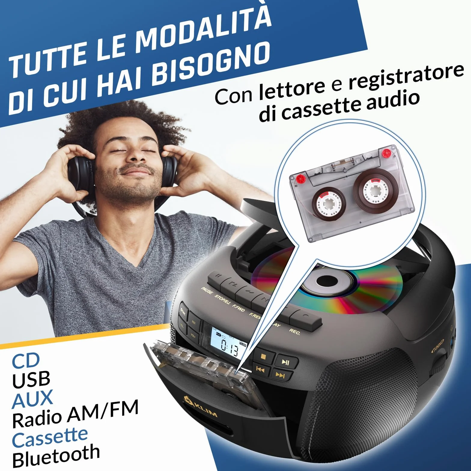 KLIM Lettore CD - Lettore Cassette Audio, AM/FM Radio Bluetooth, Stereo CD Player, Remota, Registrazione Su Nastro, USB Drive, AUX, Radio Stereo Casa Alimentazione AC/DC - Nero/Oro