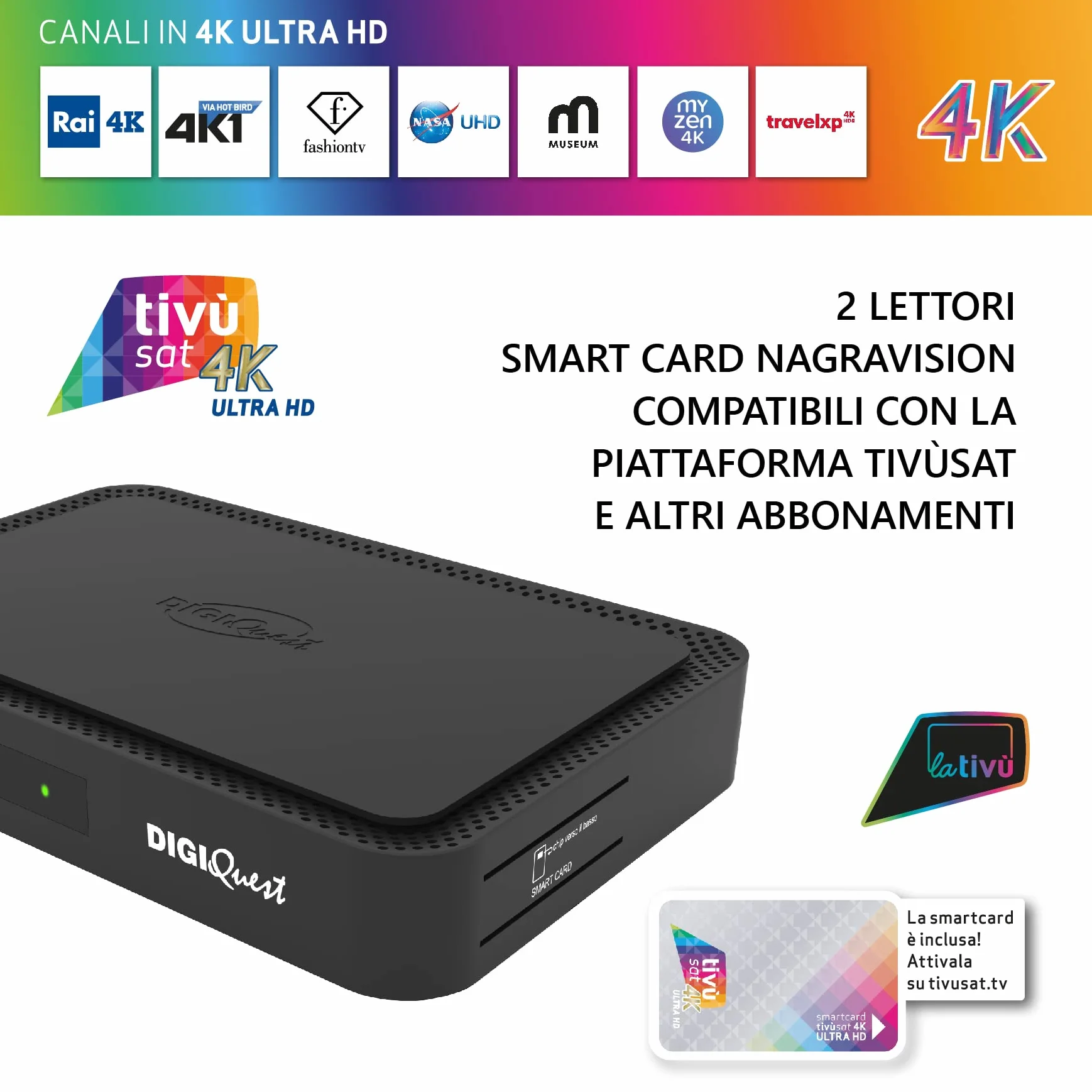 DIGIQUEST Decoder tivùsat COMBO 4K Q90 | Ricevitore satellitare HbbTV, doppio tuner | Videoregistratore e Timeshift | Mediaplayer, Telecomando 2 in 1 | Smartcard tivùsat inclusa | Nero