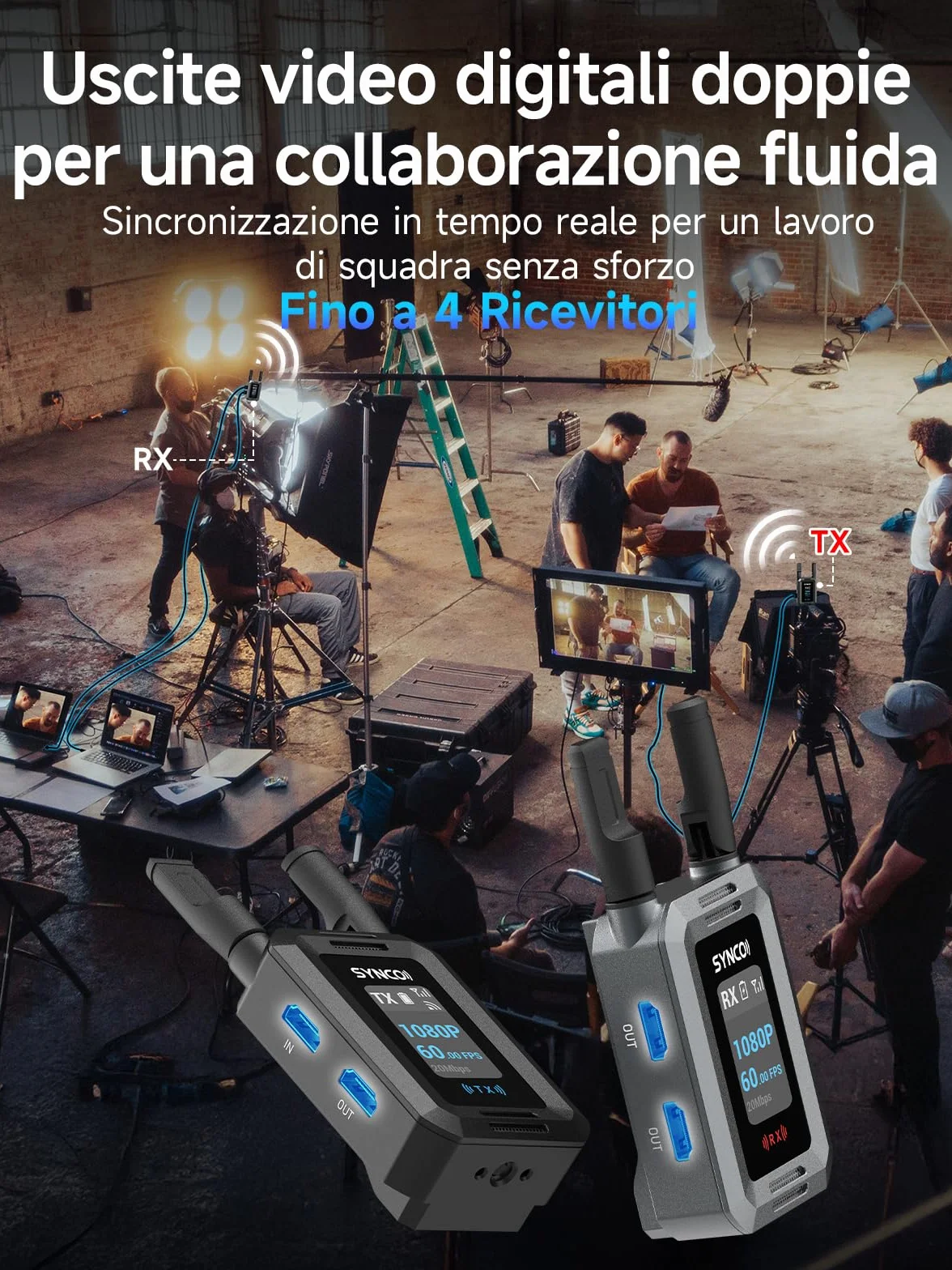 SYNCO Sistema di Trasmettitore Video Wireless HD port 1080P 60FPS, XVision Trasmettitore e Ricevitore HD con Doppia Uscita HD port e Loop Out Latenza 0.04s 300m per Live Streaming Fotoripresa
