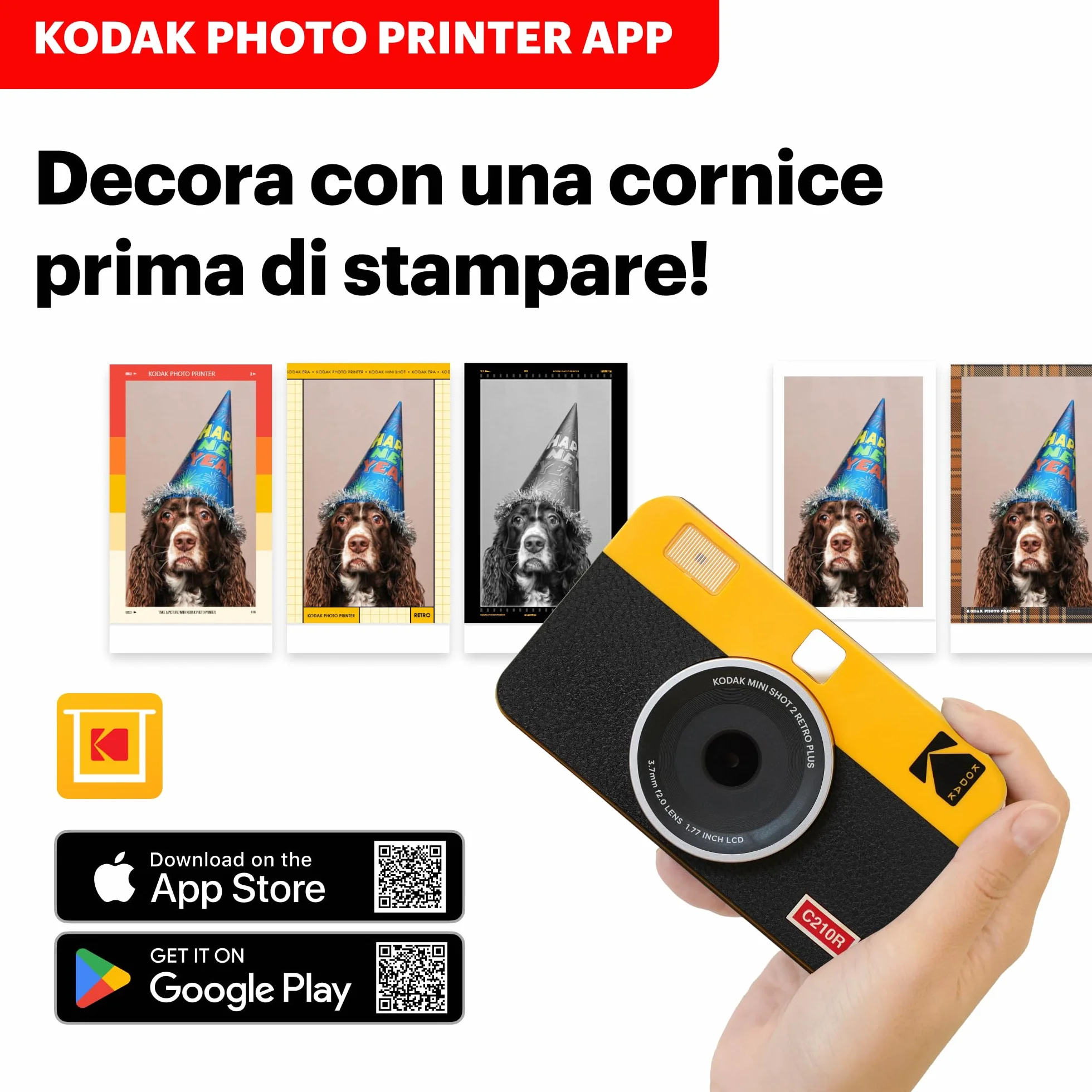 KODAK Mini Shot 2 Retro 4PASS 2-in-1 Fotocamera Istantanea & Stampante Fotografica (5.3x8.6cm) + 8 Fogli, Giallo