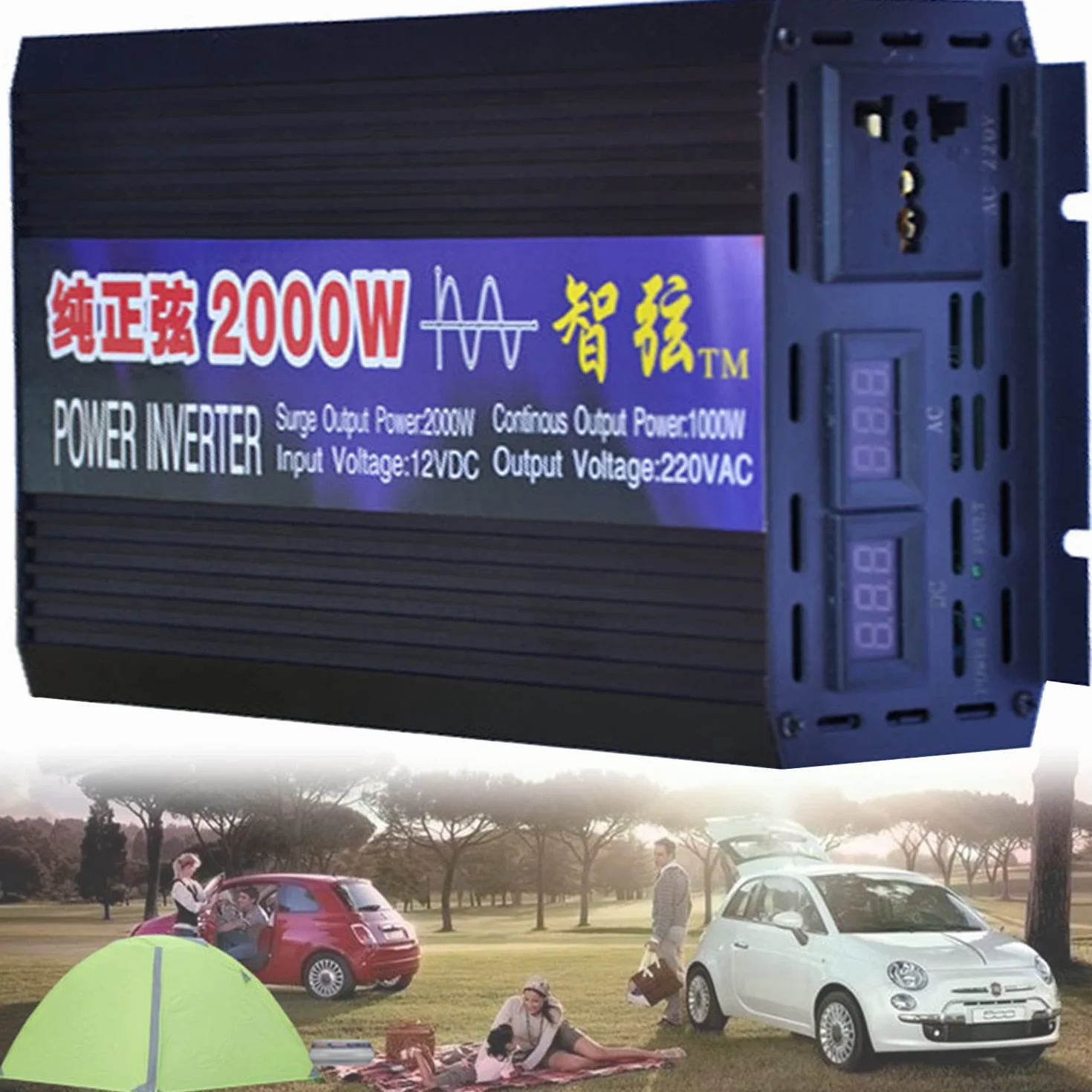 1000W 2000W 3000W 4000W 5000W 6000W 8000W Onda Sinusoidale Pura Power Inverter DC 12V 24V 48V 60V in AC 220V 230V Trasformatore di Potenza Convertitore con Display LED e Prese AC,2000W-12Vto220V