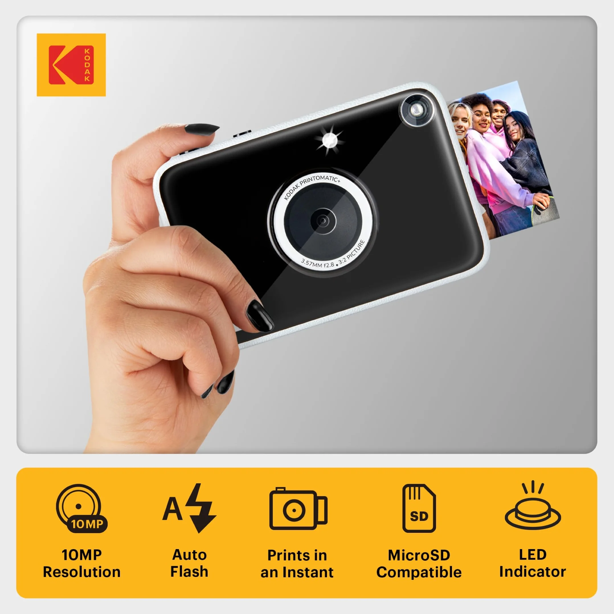 KODAK Printomatic+ Fotocamera Digitale Istantanea 10MP con LED RGB, stampa foto a colori su carta Zink 2x3” – Nera