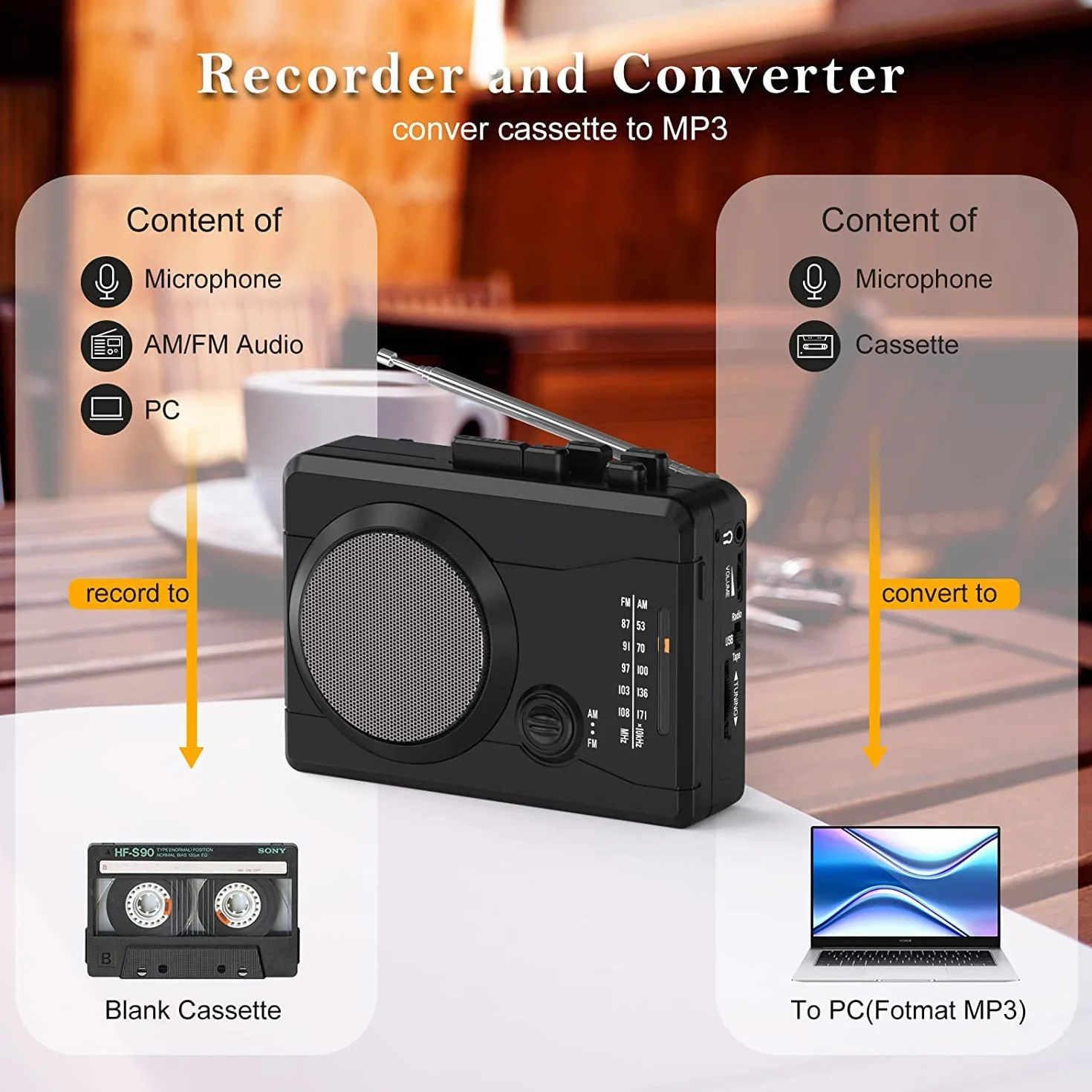 DIGITNOW! Lettore di cassette USB Registratore audio con altoparlante convertitore MP3