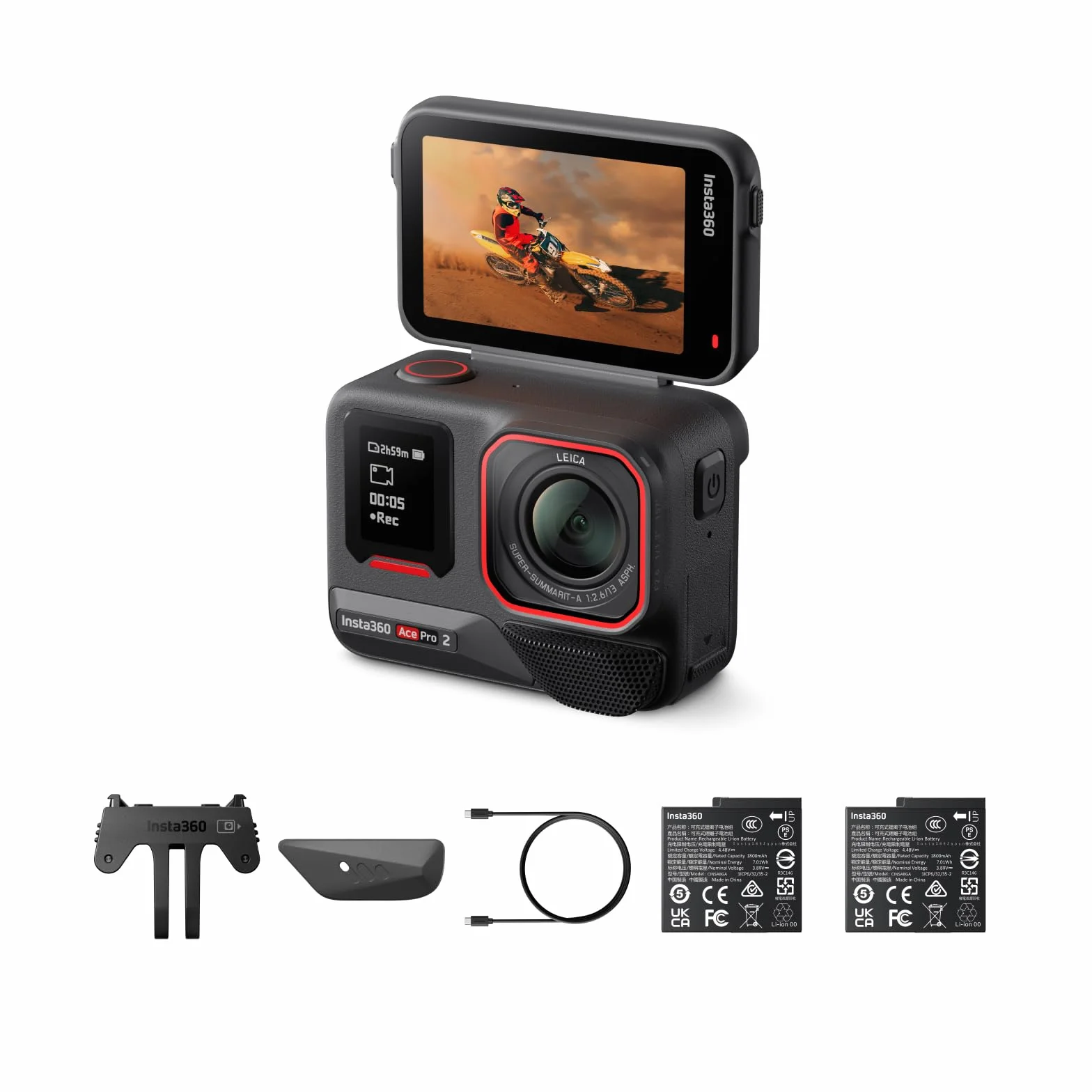 Insta360 Ace Pro 2 Standard Dual Battery Bundle -8K Action Camera impermeabile co-progettata con Leica, sensore da 1/1,3"", doppio chip AI, luce bassa, audio superiore, schermo flip