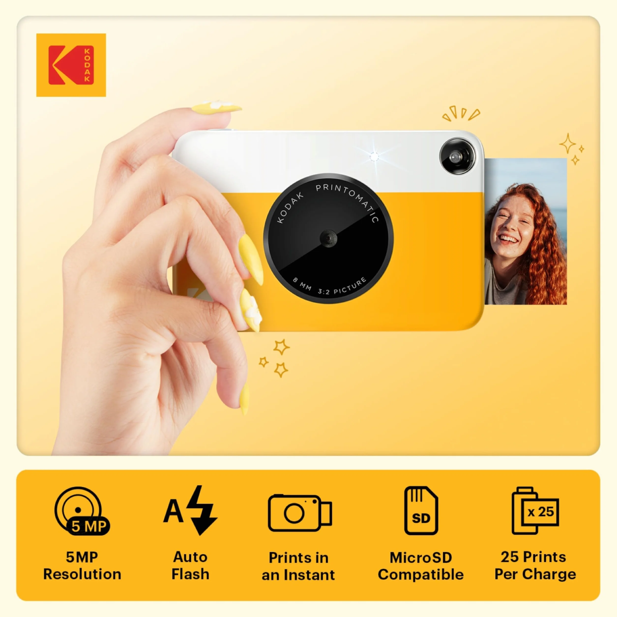 KODAK Printomatic Pacchetto iniziale per macchina fotografica a stampa istantanea a colori + Custodia morbida + Carta fotografica Zink da 20 pezzi - Foto colorate su carta adesiva 2x3" - Giallo