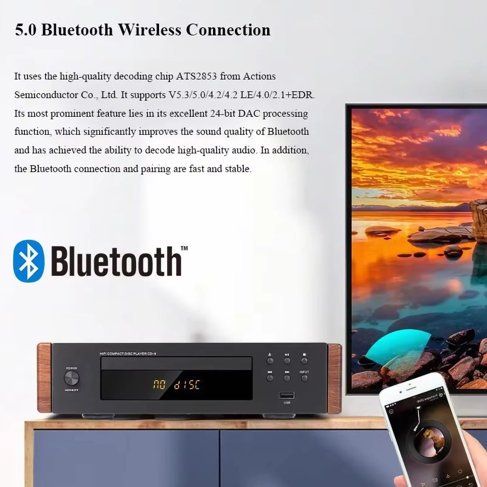 Lettore CD Hi-Fi lossless | Uscita ottica/coassiale, DAC 24 bit/96 kHz, chip ATS2853, supporta CD/MP3/WMA/USB, include telecomando, uscita audio digitale,Natural