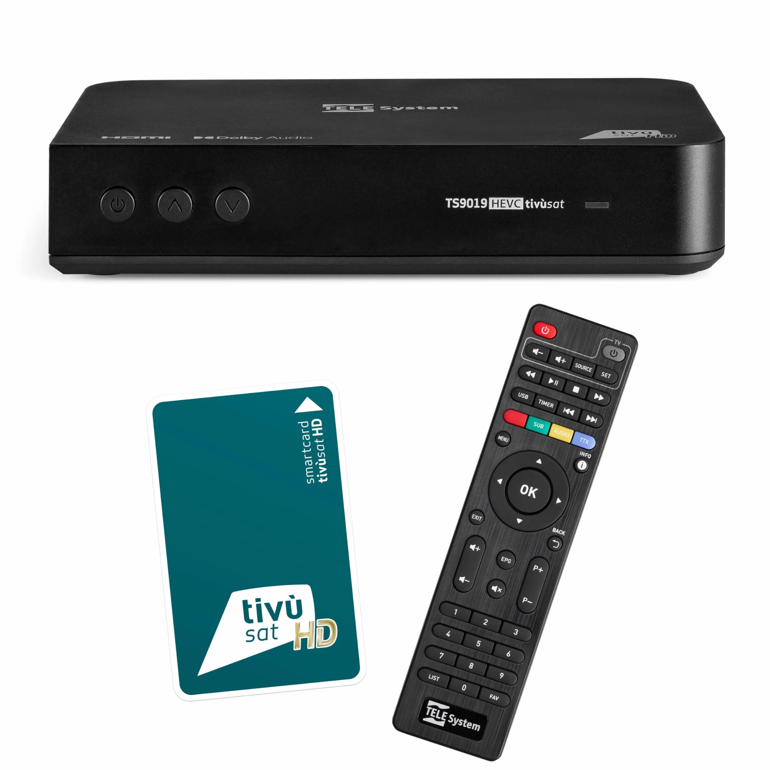 TELE System Decoder Satellitare TS9019HEVC, Smartcard tivùsat Classic (Merlin) Inclusa, Oltre 70 Canali HD Gratuiti, Aggiornamento Automatico Canali