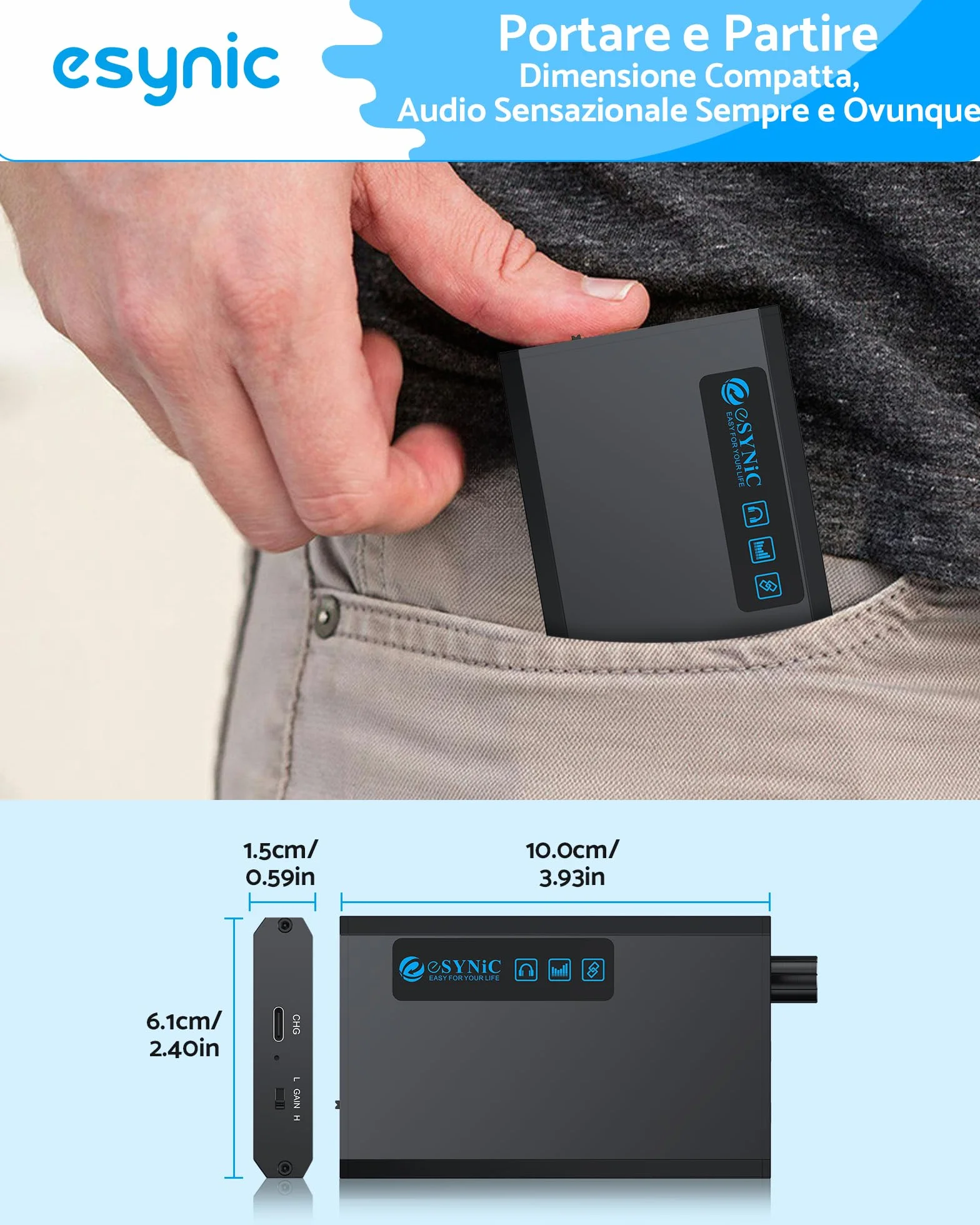 eSynic HiFi Amplificatore per Cuffie con Ricevitore Bluetooth 5.1, Impedenza 16-300Ω, 2 Livelli di Guadagno, Batteria Ricaricabile 1500mAh con Cavo USB-C e Cavo Audio, in Alluminio per MP3 Smartphone