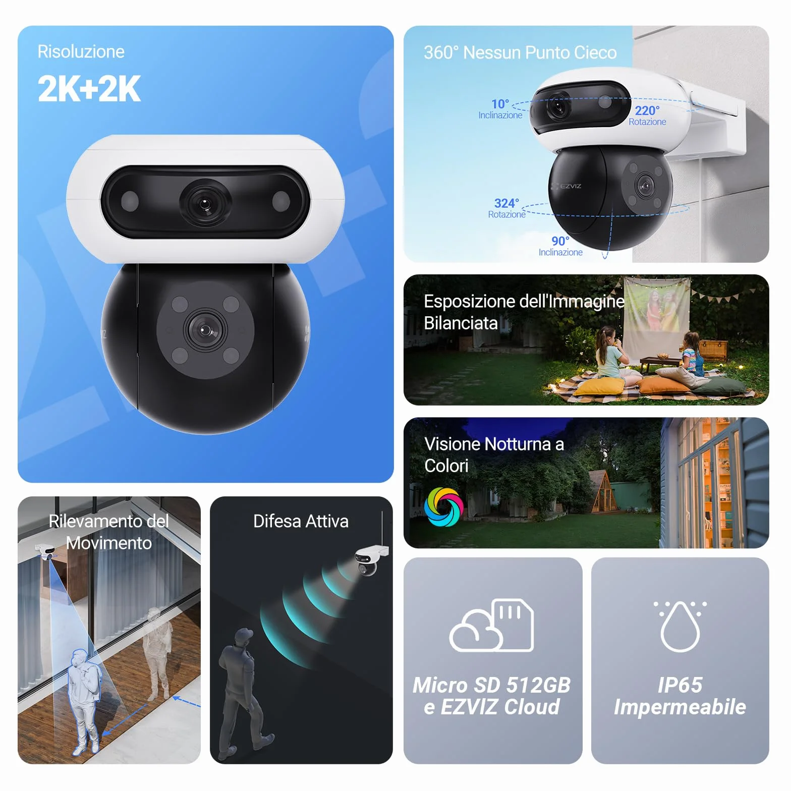 EZVIZ 8MP (4MP+4MP) Telecamera WiFi Esterno con Doppia Lente, Telecamera per Esterni a 360°, Visione Notturna a Colori, Rilevamento Persone/Veicoli, Audio Bidirezionale, Impermeabile, C90 Dual