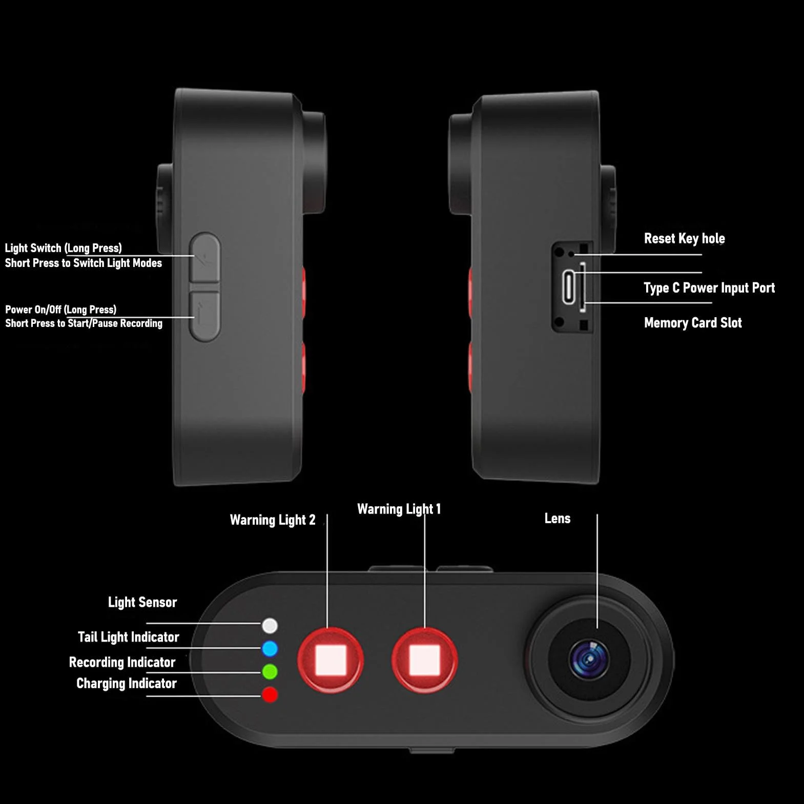 Camera da Ciclismo 1080p con Luce di Coda, Telecamera Posteriore in Bicicletta 1080p, Angolo di 140 ° Largo, IPX6, Registrazione del Loop, Supporto per App, per Montagna, Bici (64G)