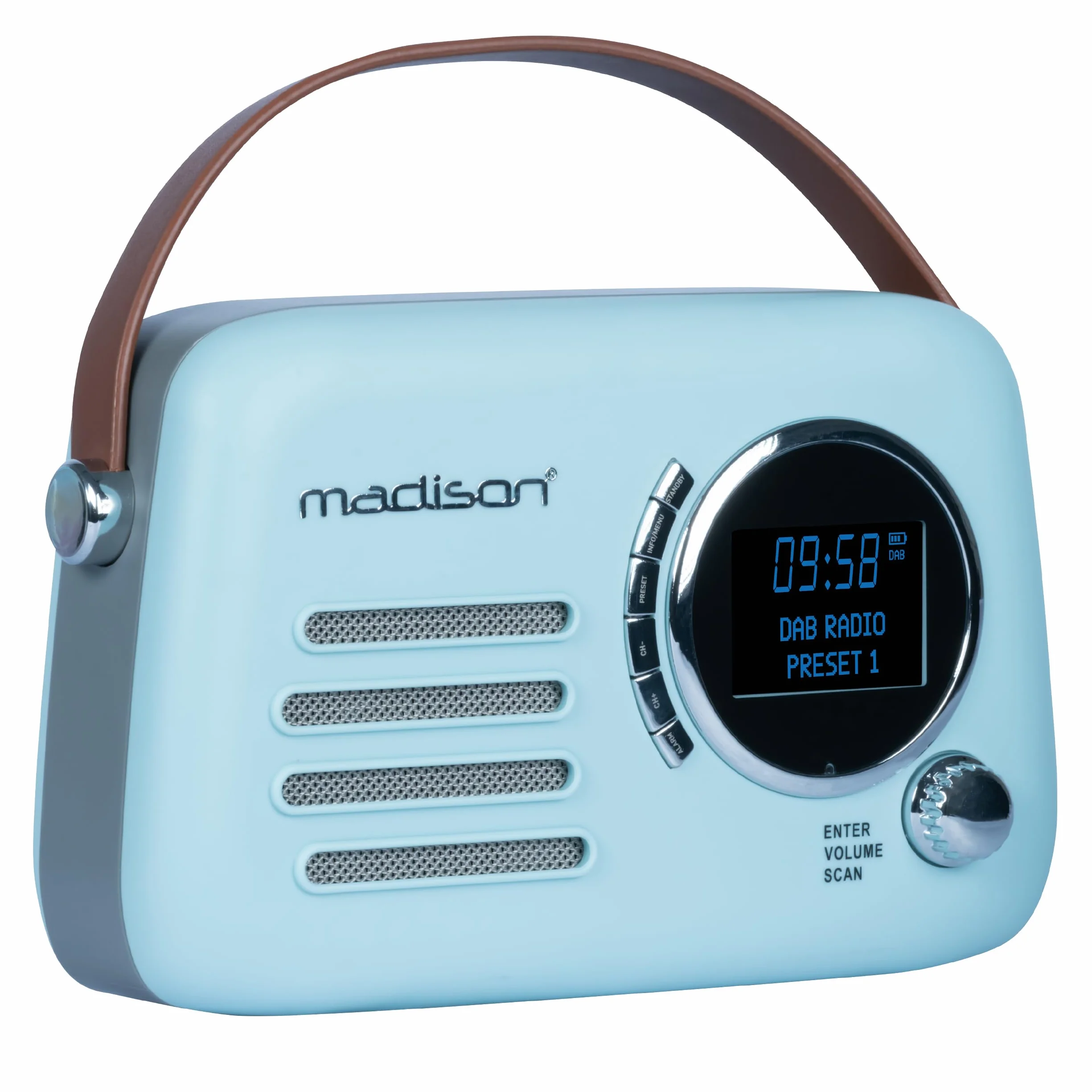 Madison FREESOUND-VR30BL-DAB Radio DAB+ vintage a batteria lunga DAB+ FM Bluetooth USB Subwoofer posteriore Blu opaco