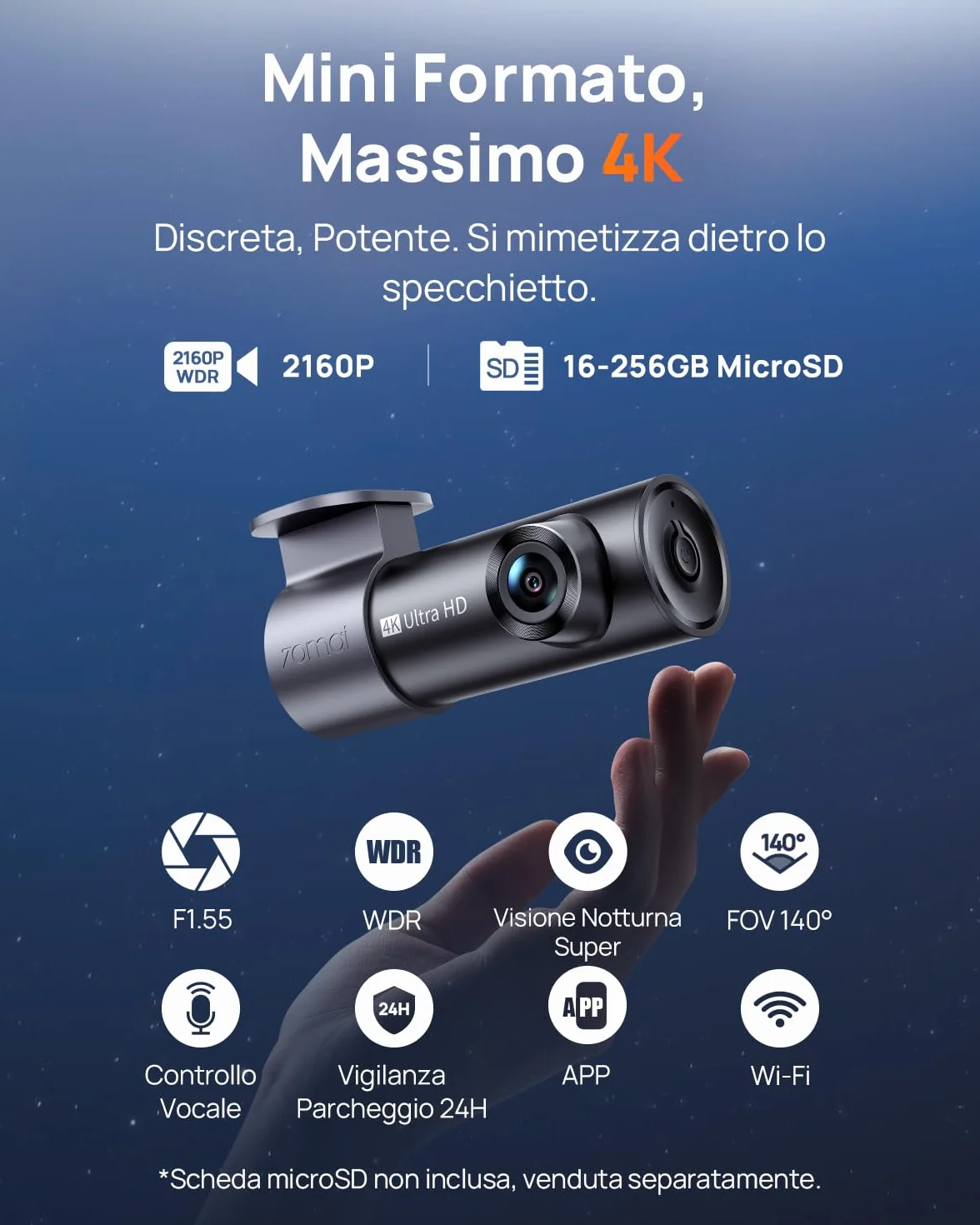 70mai Dash Cam Auto M310 Plus 4K, 2160P Mini Dashcam, Visione Notturna, WDR, Grandangolo, Sensore G, Registrazione In Loop, Controllo App