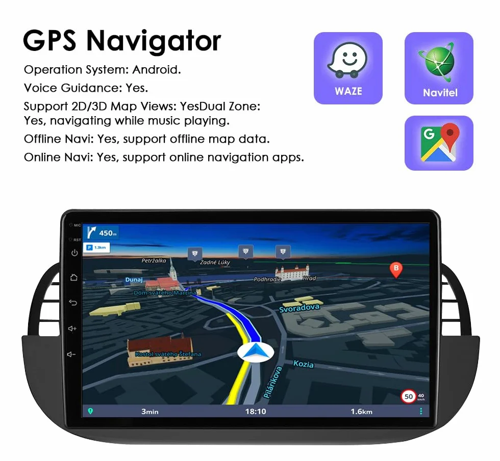 hizpo 9 pollici Touchscreen Autoradio compatibile con Fiat 500 2007-2014 con Carplay/Android Auto 4-core UPC 2+32GB DAB Adattatore autoradio WiFi 4G Mirror Link (nero-1)