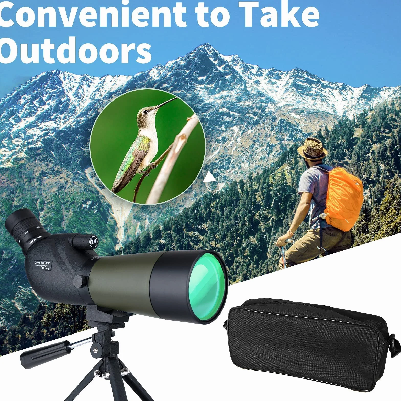 Gosky 20-60x, 60 mm - Cannocchiale con treppiede, borsa da trasporto e adattatore per telefono, oculare BAK4 ad angolo di 45°, per tiro al bersaglio, caccia, osservazione degli uccelli