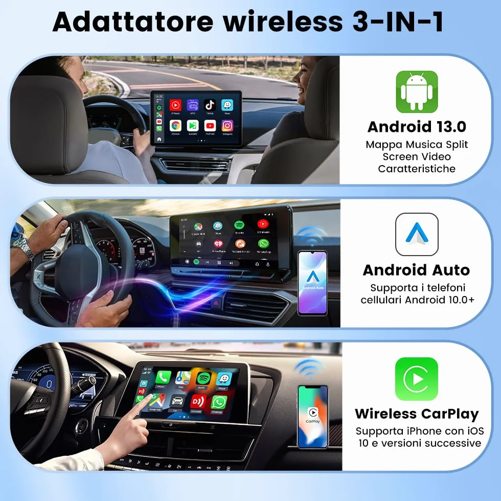 CarlinKit Multimedia 3 in1 AIBox Android 13.0 System Wireless CarPlay Adapter, per auto con cablato CarPlay/Android Auto, supporta Netflix YouTube ect