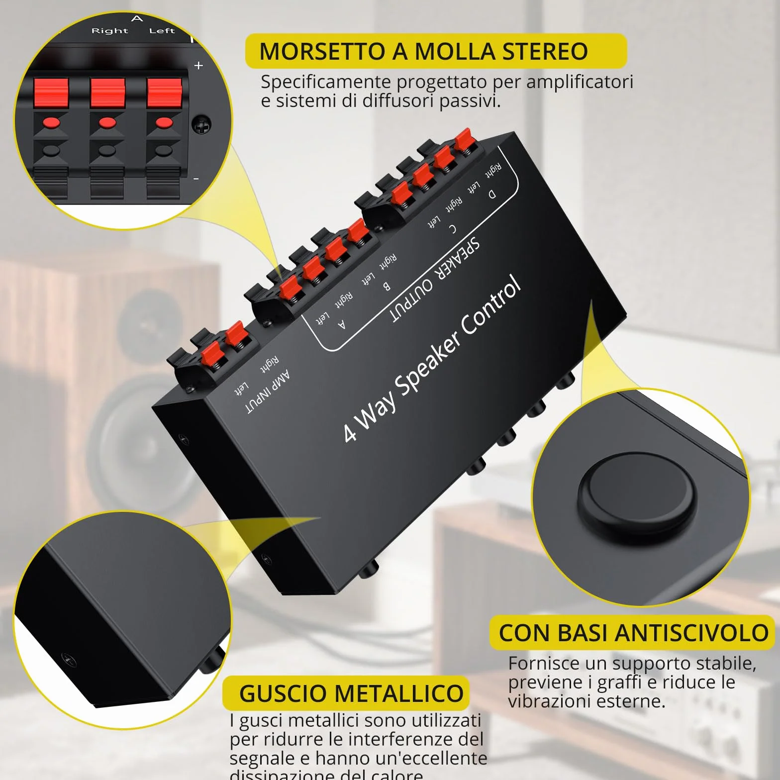 PROZOR Commutatore Altoparlanti 4 Zone Switch Passivo 1 Ingresso 4 Uscite 150W/Canale Selettore Passivo Altoparlanti 4 Zone Controllo Indipendente Zone A/B/C/D con Interruttore Master