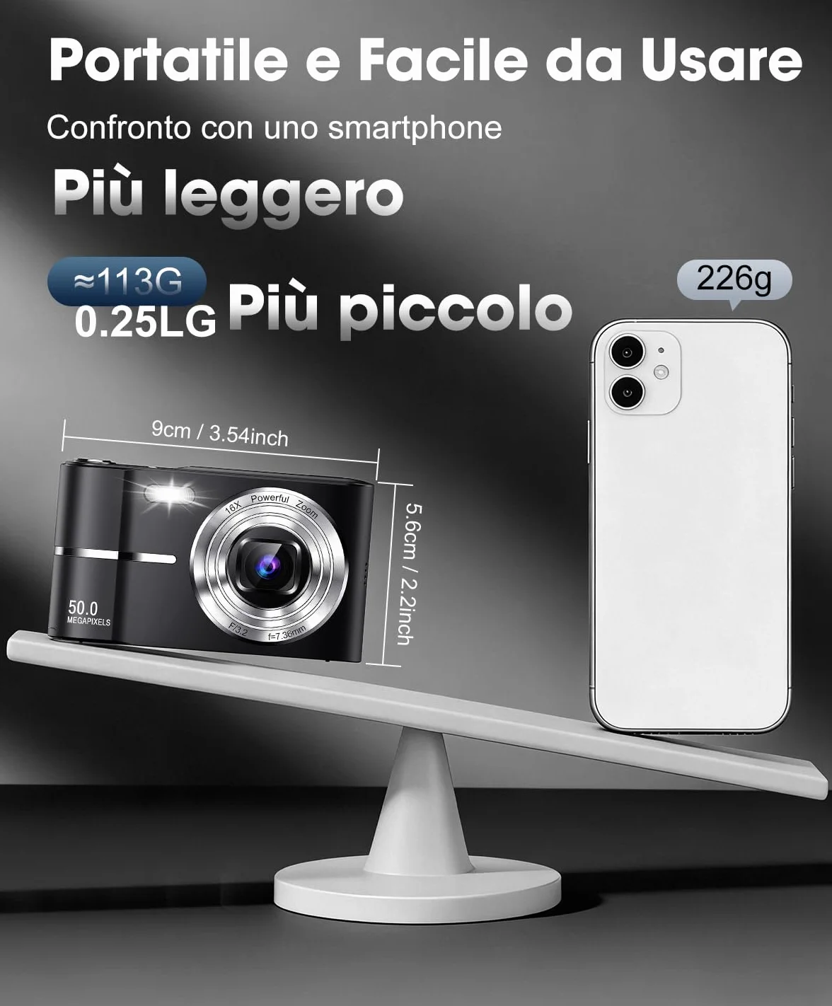 Macchina Fotografica Bambini 50MP 1080P, Autofocus, Schermo 2,4", Zoom Digitale 16X, Anti-Shake, Nero Vlogging Compatta Digital Camera per Ragazzi, Bambini, Studenti e Principianti con Scheda 16GB