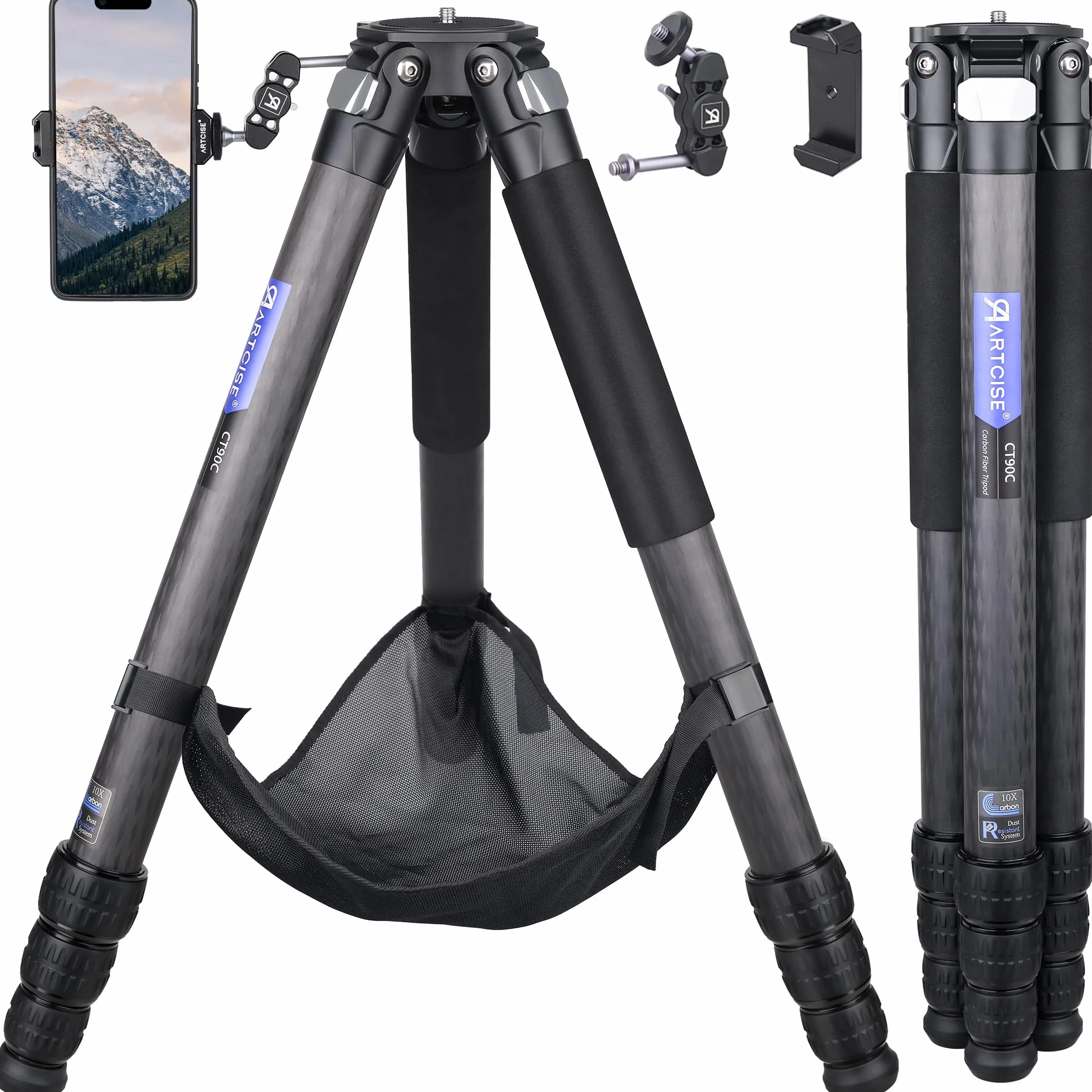 ARTCISE CT90C - Treppiede compatto in fibra di carbonio con borsa in pietra, supporto per fotocamera da viaggio per fotocamere DSLR Canon, Sony, Nikon, Carico massimo 39,9 kg