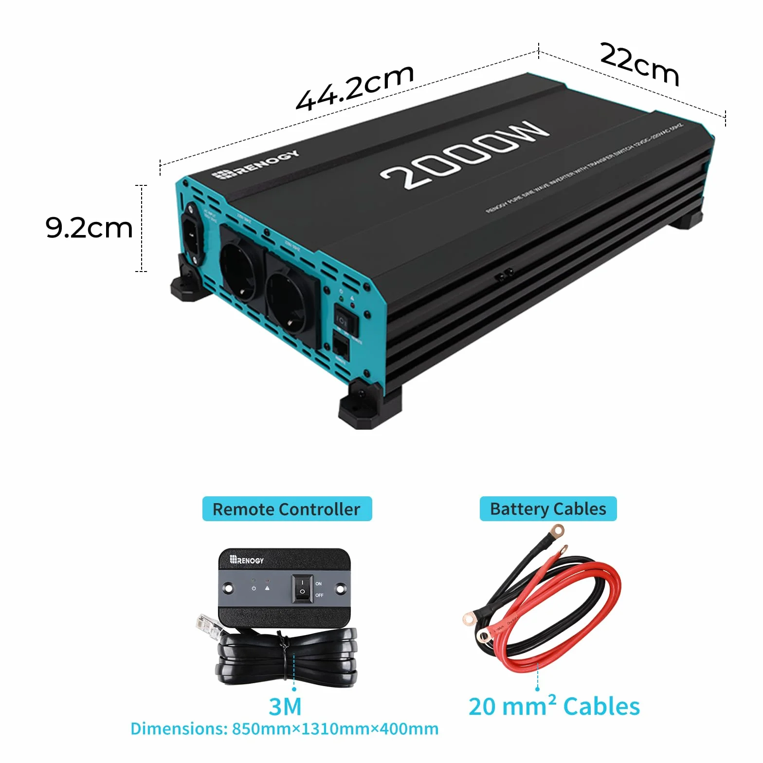 Renogy 2000W/4000W Power Inverter 12v 220v Onda Pura, DC 12V in AC 220V con 2 EU Presa & Telecomando trasformatore per Camper, Camion, Roulotte, Pannelli Solari, Picco 4000W