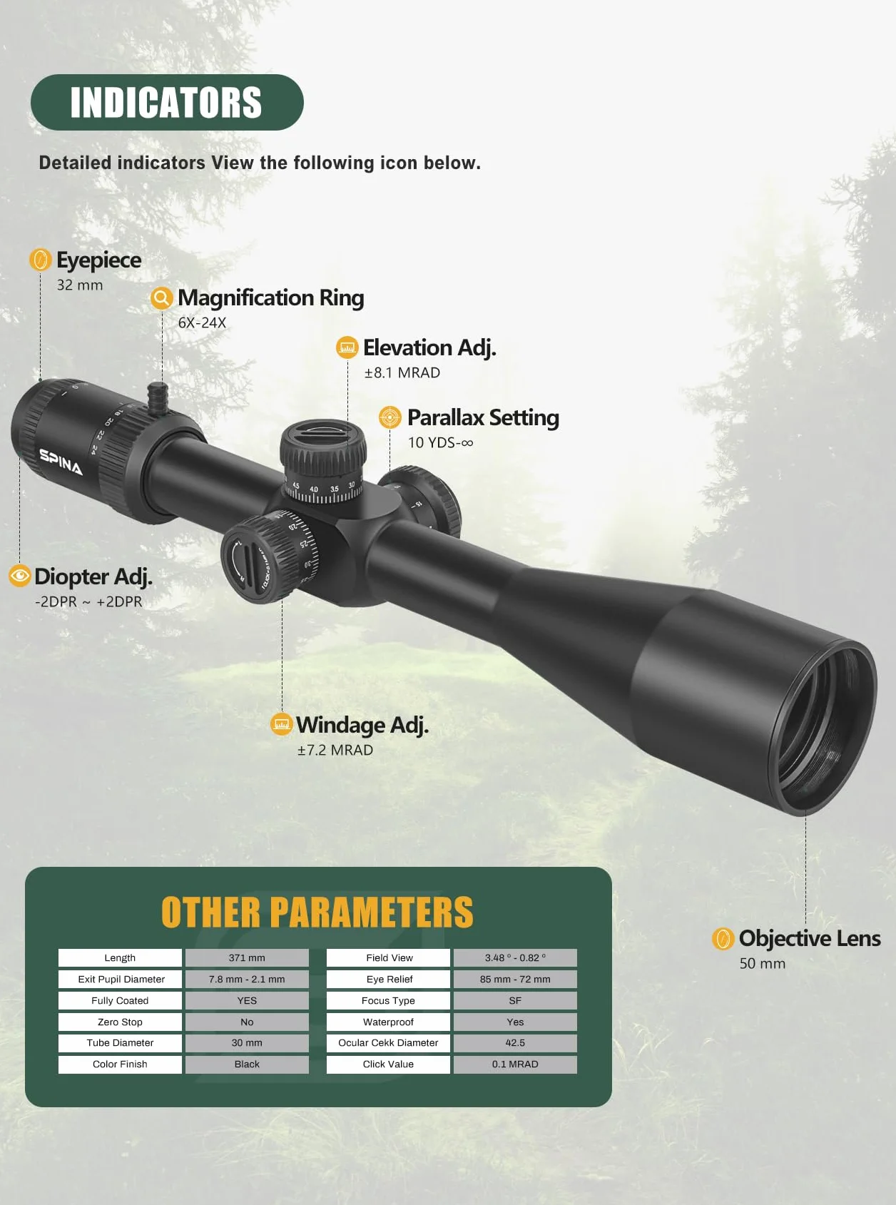 SPINA OPTICS 6-24x50 II Riflescope Primo Piano Focale Riflescope con MRAD Precision Tree Reticle e Parasole