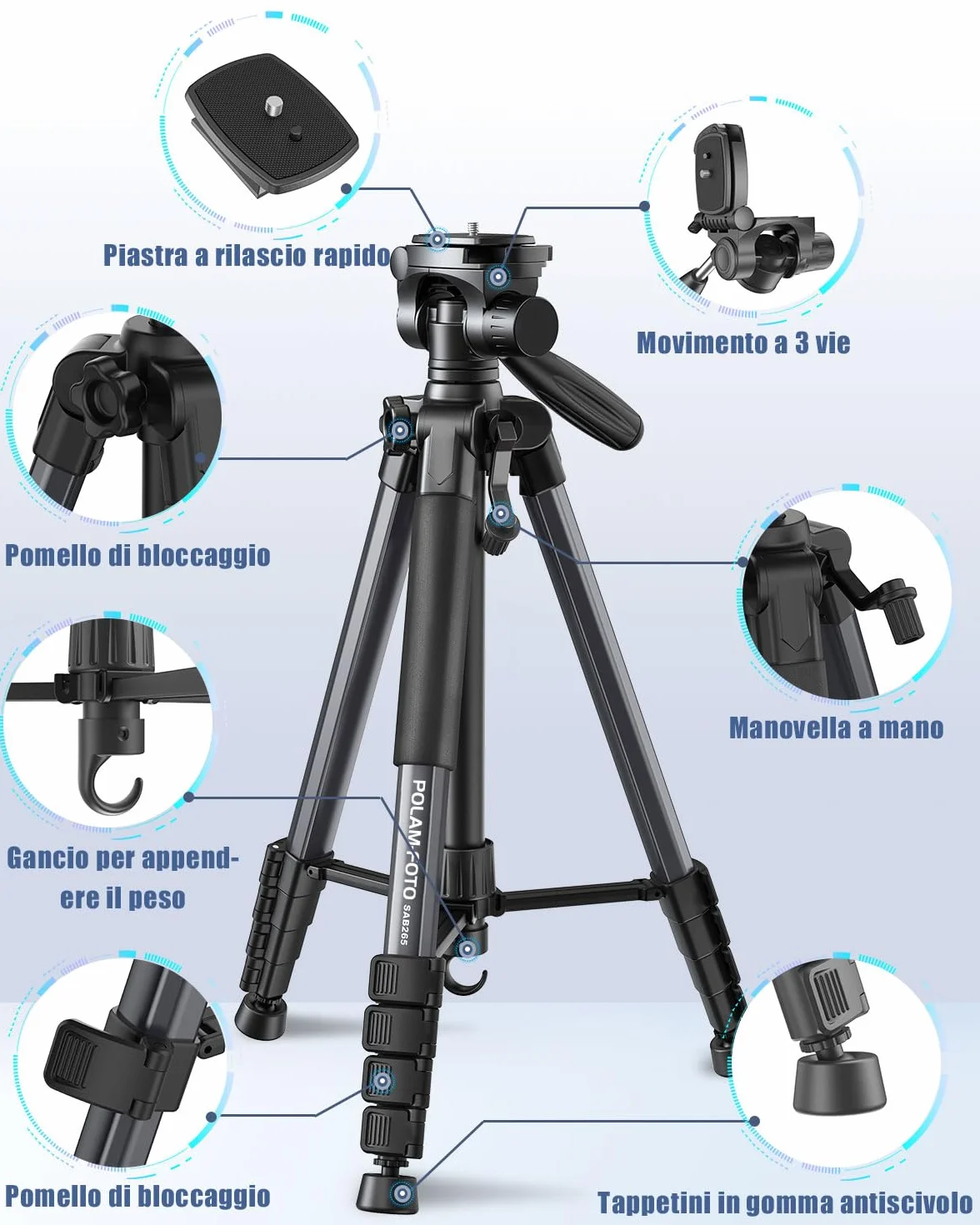 POLAM-FOTO Treppiede per fotocamera da 188 cm, treppiede Porfessional in alluminio resistente, treppiede compatto con borsa per il trasporto, con supporto per telefono grigio