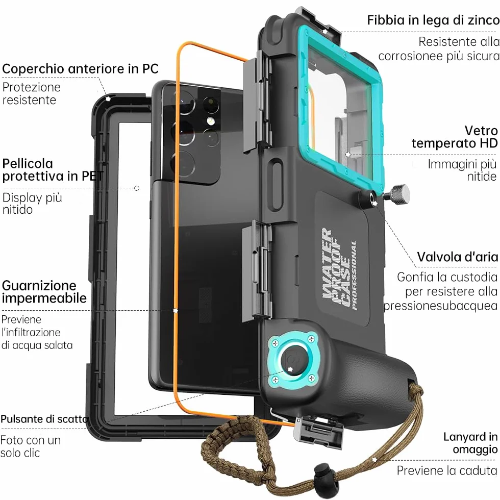 Custodia Impermeabile Subacquea Professionale IP68 15M - Compatibile con iPhone, Samsung, Huawei, Xiaomi - Fino a 6,9 Pollici - Per Immersioni, Snorkeling, Surf e Nuoto (nero/blu-verde)
