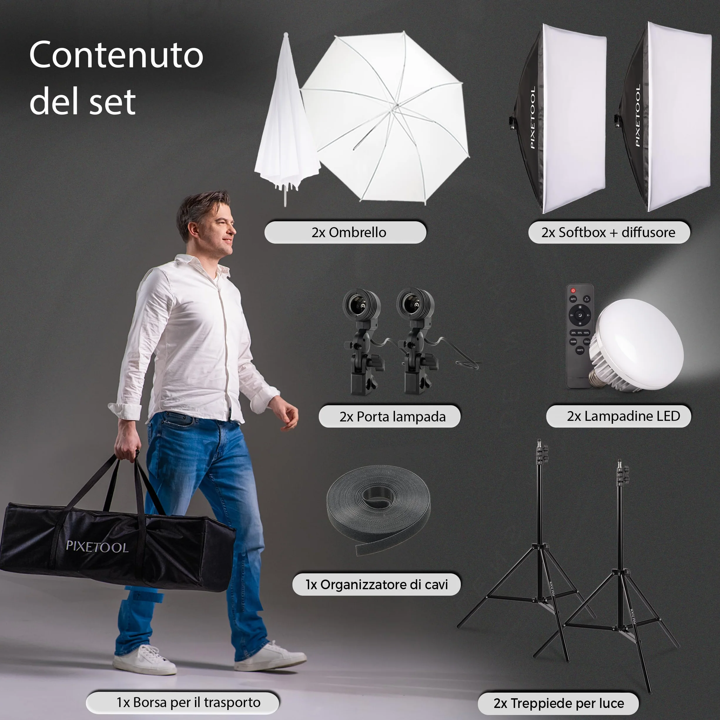 Set Softbox per Studio Fotografico - 2 Softbox 70x50 cm, 2 Luci a LED 4800 Lumen 3000-6000K - Luce Fotografica - Kit di Illuminazione – Lampada Fotografica