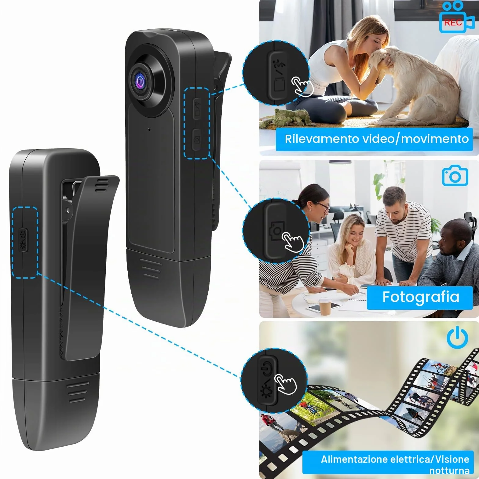 Bodycam HD 1080P , Piccola Telecamera Spia , Bodycam con Audio e Video Mini Fotocamera per il Corpo con Visione Notturna e Rilevamento del Movimento Per Sicurezza, Guardia ( con Memoria da 32 GB)
