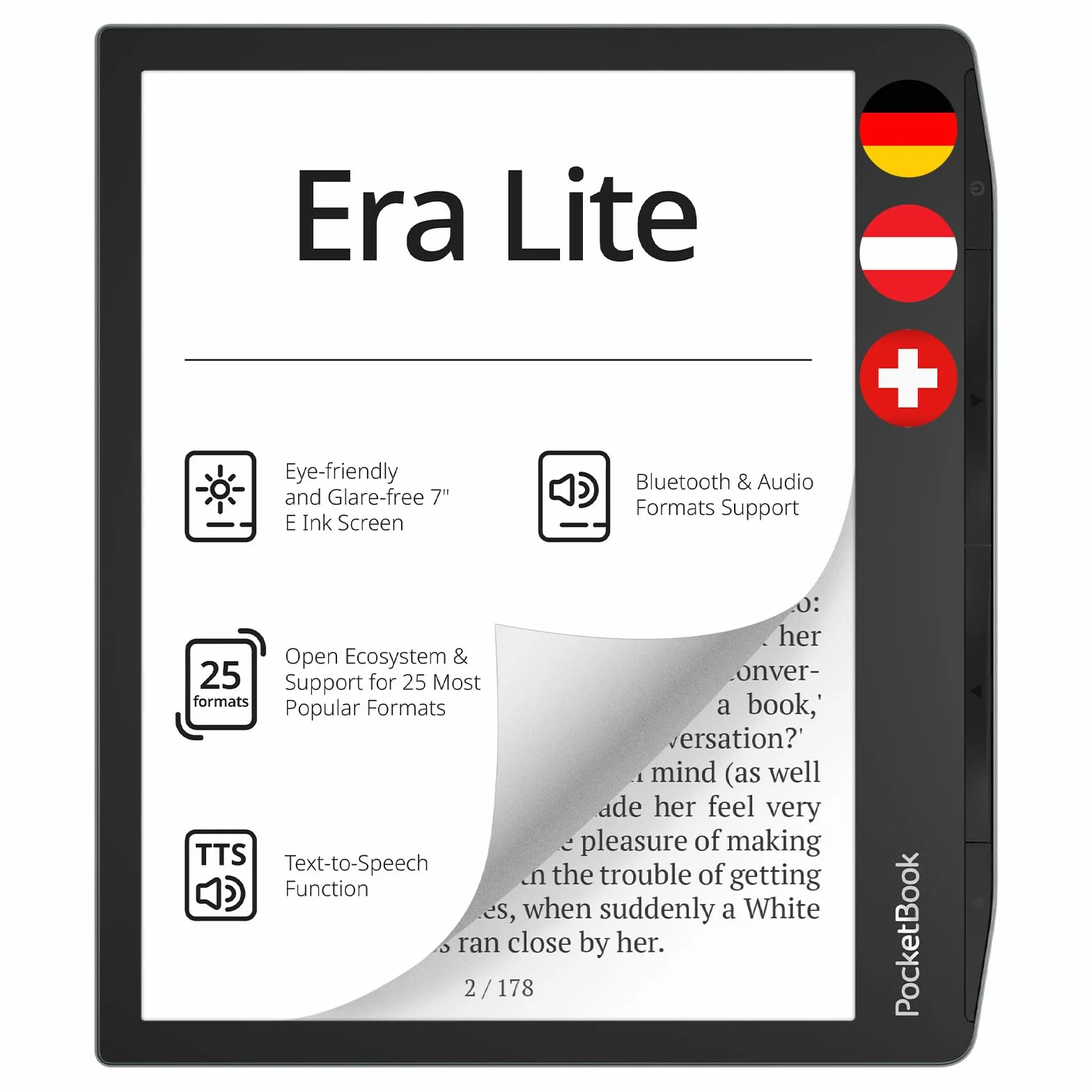 Pocketbook Era Lite - Lettore e-reader, display da 7" E‑Ink Carta 1300, 16 GB, IPX4, Bluetooth, SMARTlight, verde pietra, versione DE/AT/CH