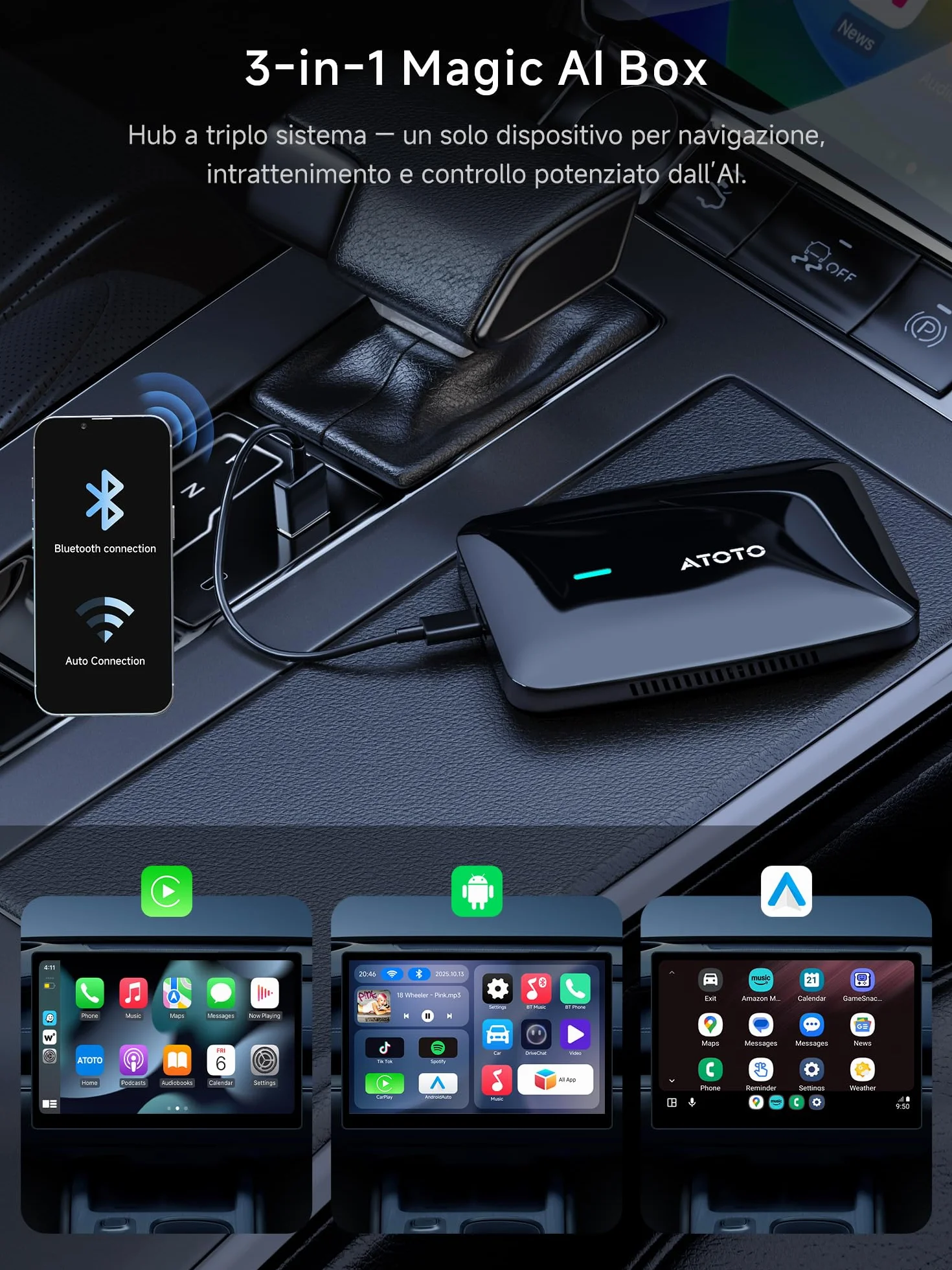 Adattatore CarPlay Wireless, AI Box Android Auto Wireless con Doppio Wi-Fi Stabile, AI Box CarPlay Compatibile con CarPlay e Android Auto Cablati di Serie, Supporto per YouTube/Netflix, 2GB+16GB,CB4A