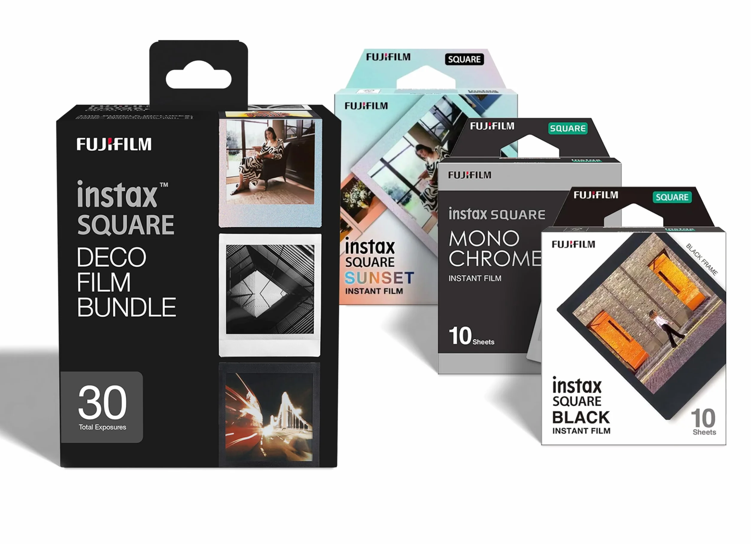 instax SQUARE DECO film bundle pellicole, 30 scatti, 3 pacchi da 10 scatti, motivo bordo Black, Sunset e pelicole Monchrome