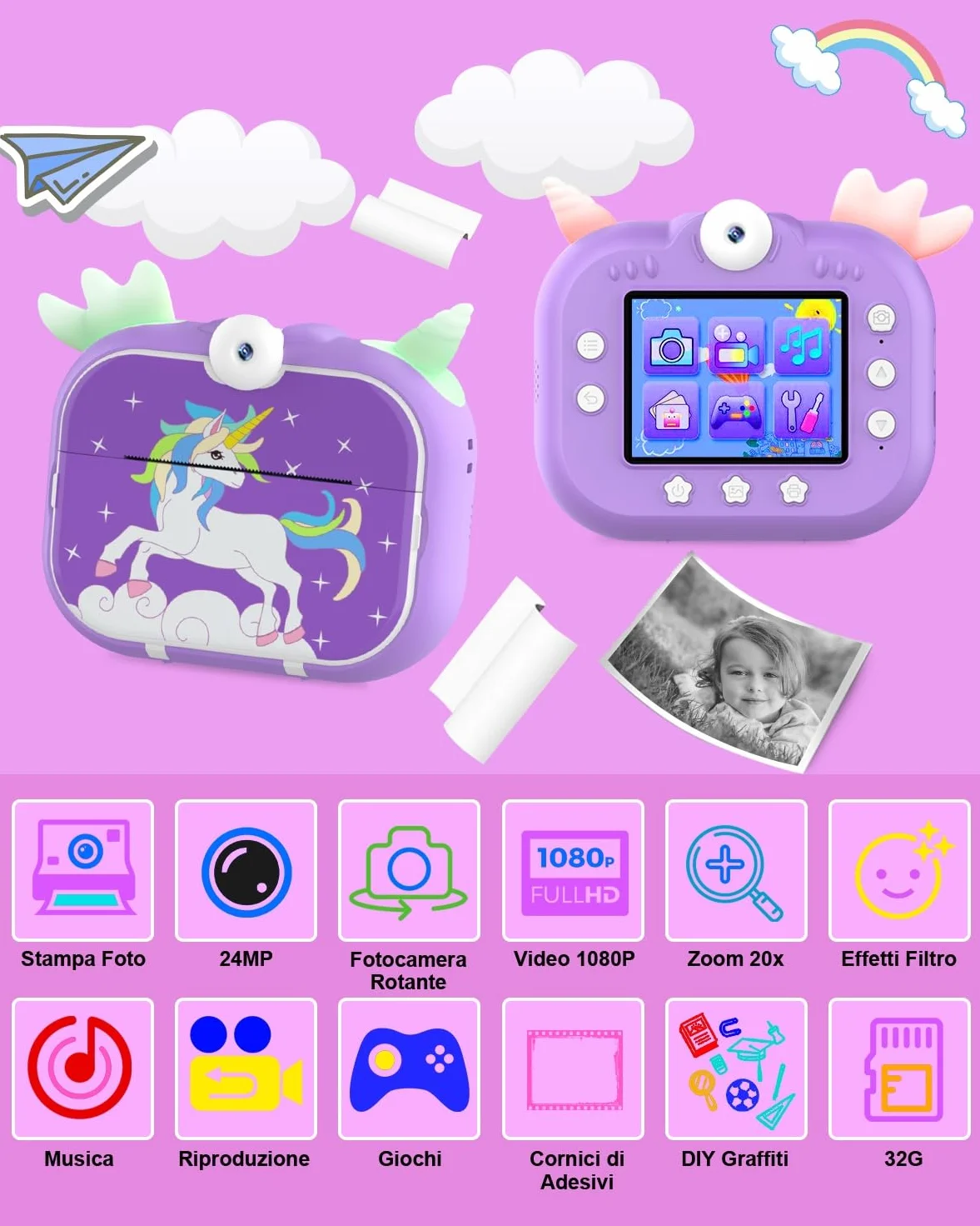 Robofun Macchina Fotografica Istantanea, 2,4 Pollici 1080P 48MP HD 180° Obiettivo Rotante Fotocamera Digitale con 32GB Scheda SD e Carta da Stampa, Regalo per Bambini dai 3-12 Anni - Viola