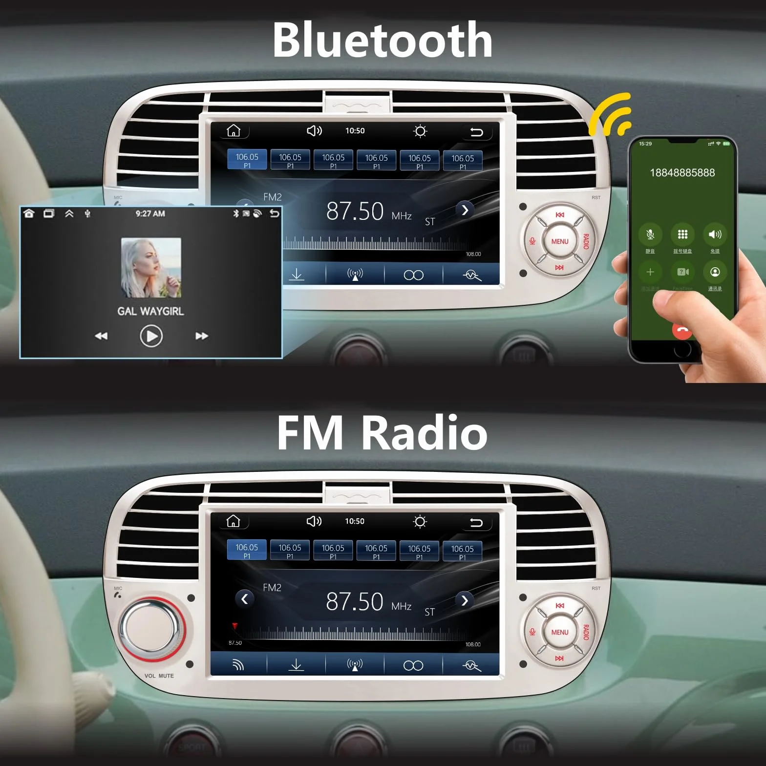 [Versione Plus] Aphrfamma Autoradio compatibile con CarPlay wireless/Android Auto per Fiat Fiat 500 2007-2015 con 7 Pollici IPS Bluetooth/FM/AM/USB/Mirror Link/Touch Display (bianco)