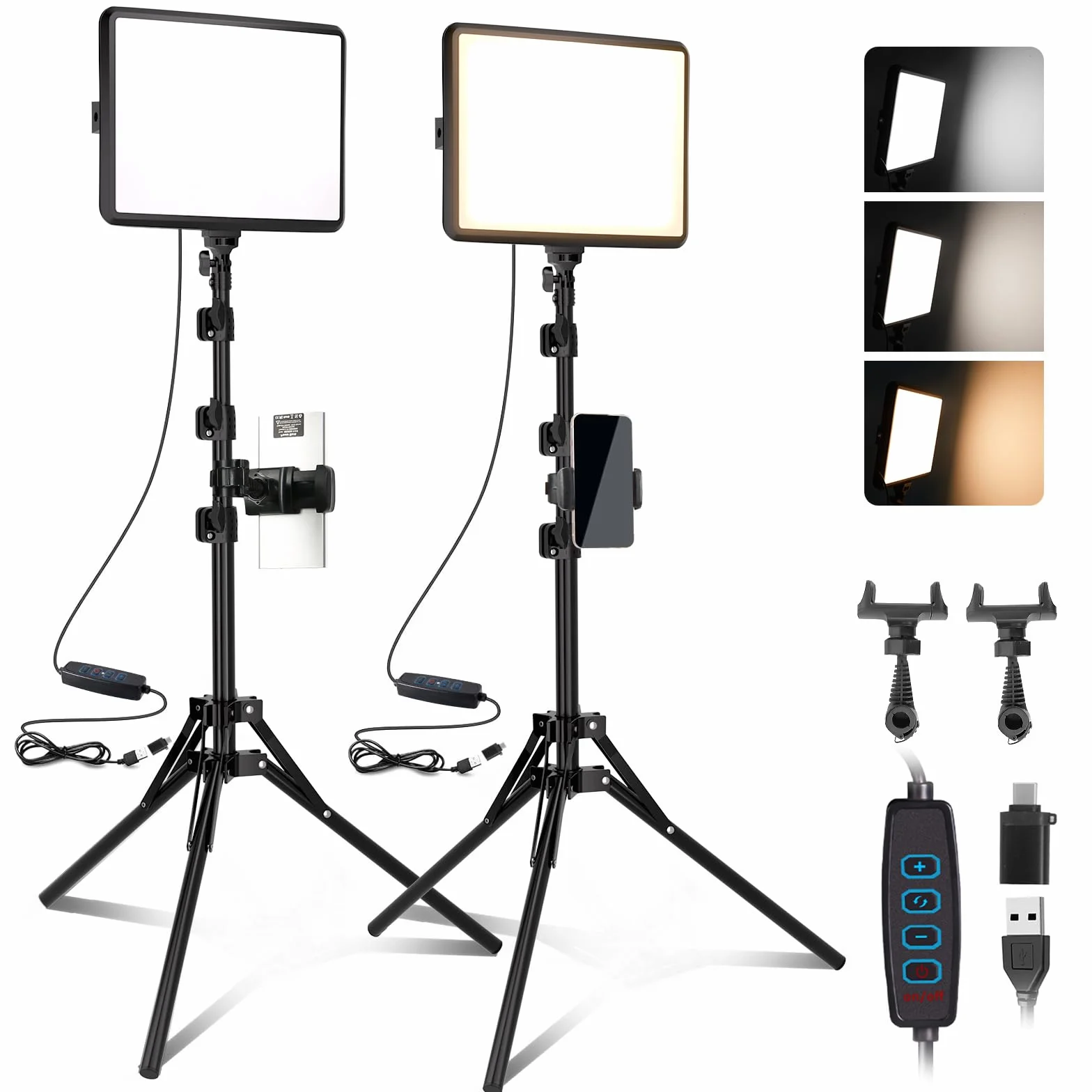 Kit di 2 Luci Video a LED, Luce da Studio Dimmerabile 2800-6500K Kit con Supporto per Treppiede e Supporto per Telefono, Luce Flusso da 185,4 cm per Fotografia Foto di Prodotti, Personaggi, Youtube
