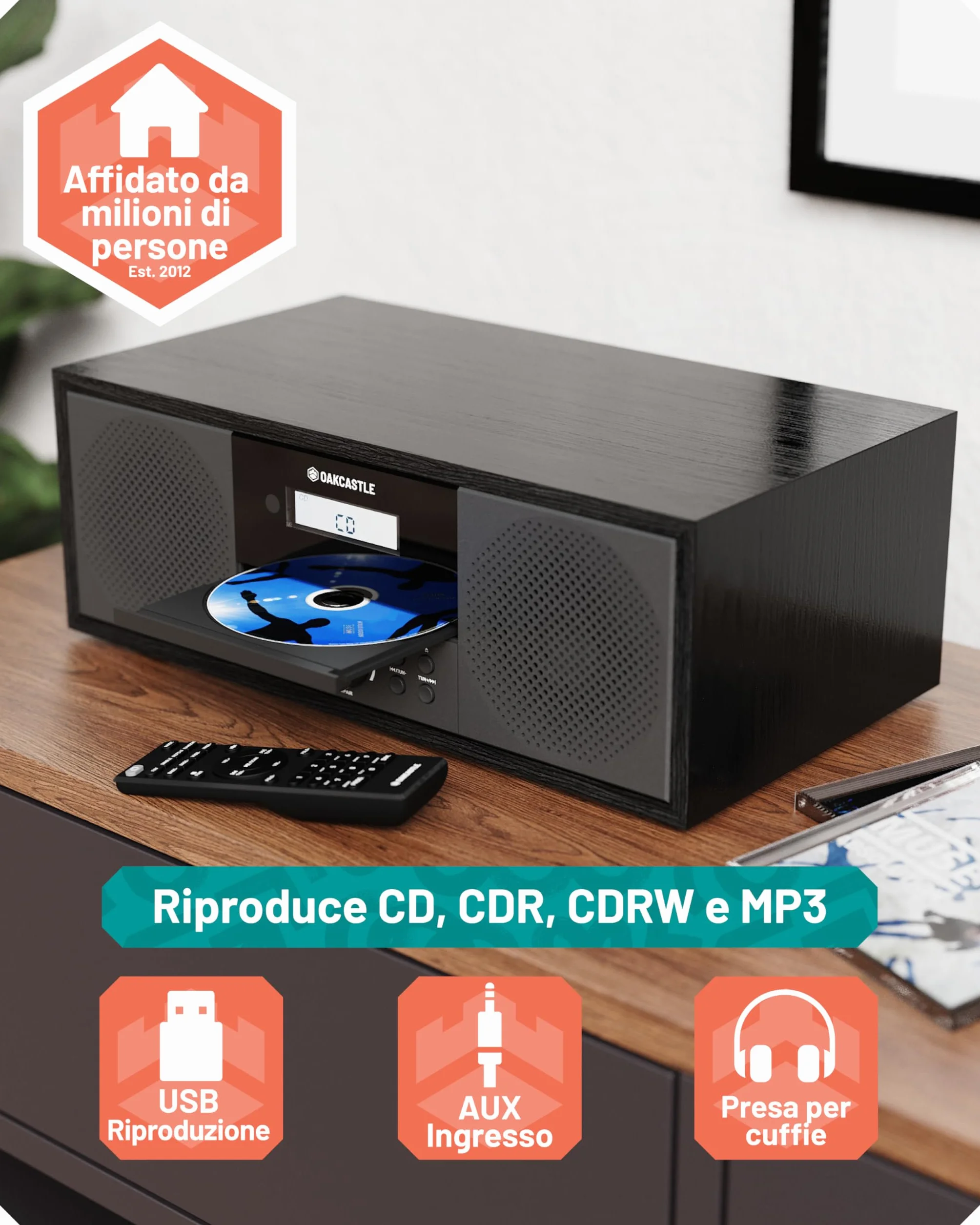 Impianto Stereo Casa 60W | Lettore CD HiFi con Doppio Allarme e 198 Preselezioni | Radio DAB+/FM con Display LCD | Bluetooth, USB, AUX, Telecomando e Altoparlanti Integrati | Oakcastle DAB500