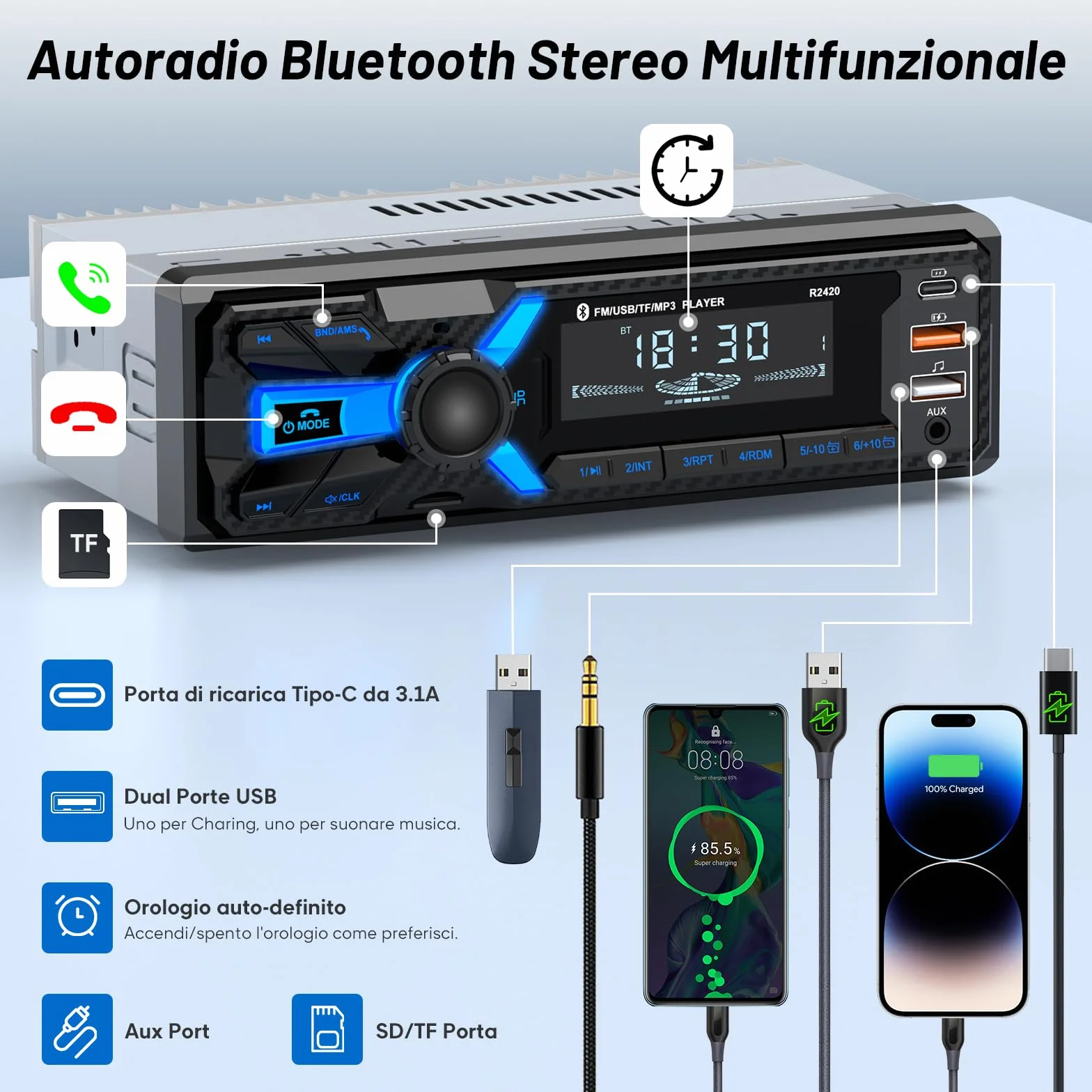 RDS Autoradio Bluetooth 1DIN z Portem USB-C FM/AM MP3 Stereo