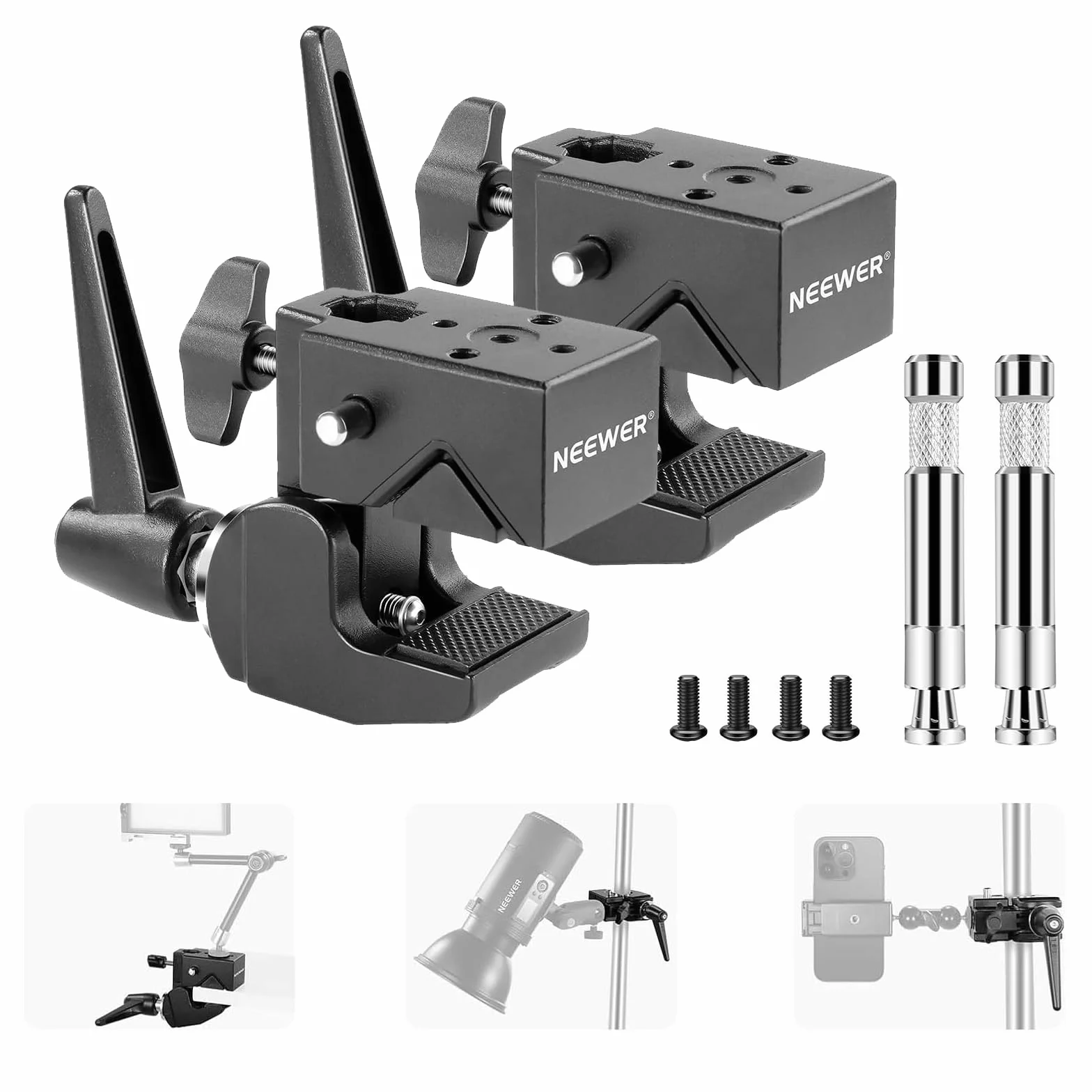 NEEWER 2pz Super Clamp con Perno 5/8", Blocco a Molla, Morsetto Ganascia da 2,4", Morsetto Granchio Robusto per Palo per Superficie Piana di Tubo Tondo, per Montaggio Luce Fotocamera, Max 15kg, UA017