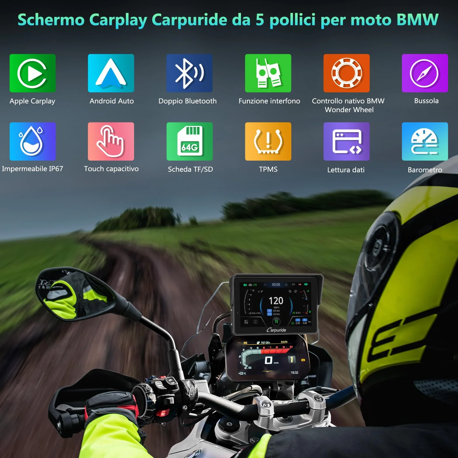CARPURIDE W502BS Pro per Moto BMW CarPlay e Android Auto, Doppio Bluetooth, Schermo di Navigazione Impermeabile da 5 Pollici, Lettura dati, Native Wonder, TPMS, Sensore di luce, Condivisione di Musica