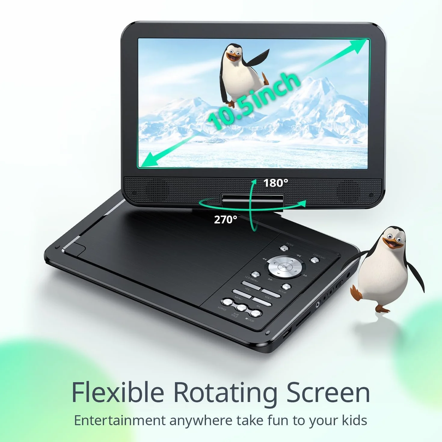 YOTON Lettore DVD portatile da 12,5 pollici con schermo girevole HD da 10,5 pollici per auto e bambini, batteria integrata, auricolare/AV-IN/AV-OUT/USB/scheda SD/TV Sync e formati VCD/MPG/JEPG (non