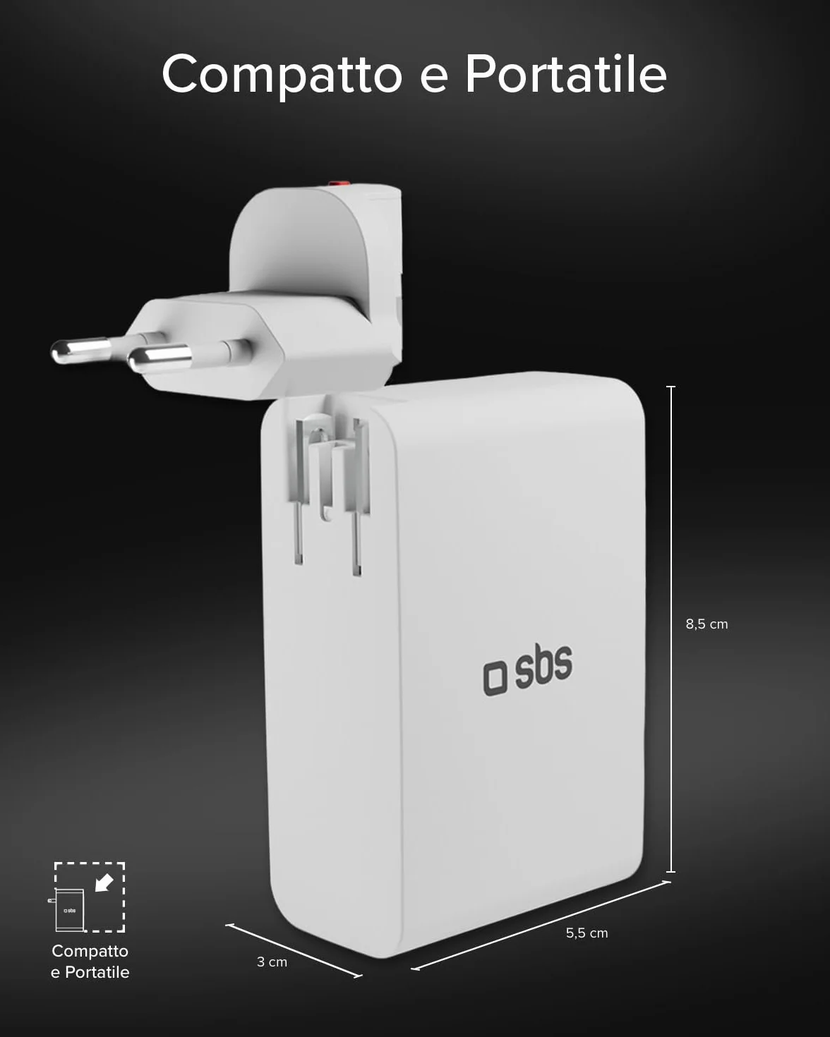 SBS Travel Adapter USB-C 100W, Caricatore da Viaggio con Spine US/UK/EU/AU | Convertitore Adattattore 4 porte USB, Power Delivery (PD), Ricarica Rapida per iPhone, Android, MacBook e Notebook, Bianco