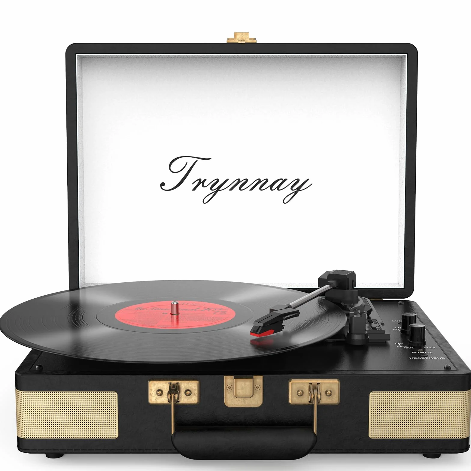 Giradischi a 3 marce portatile in vinile con altoparlanti integrati, pelle PU, nero vintage