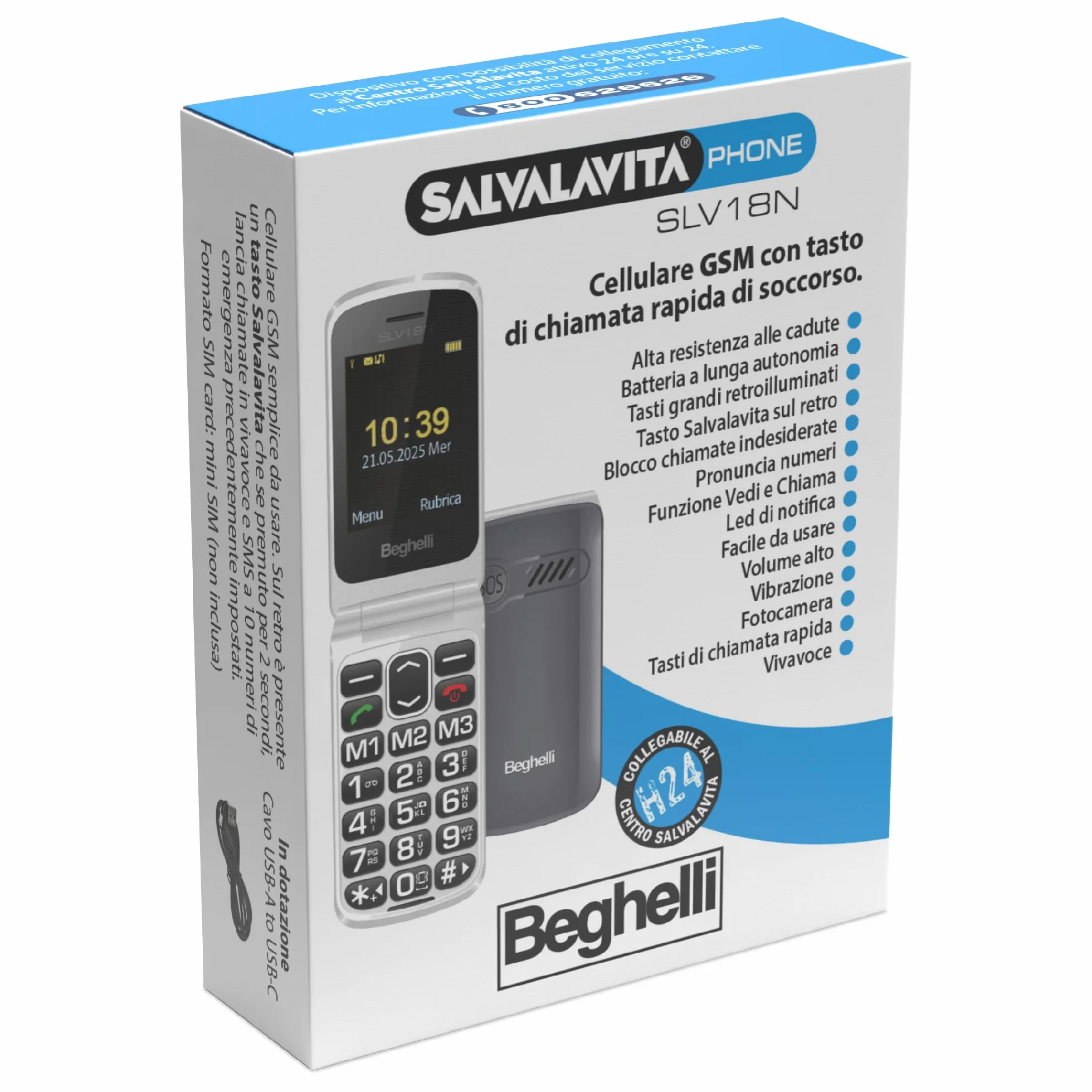 Beghelli Telefono Salvavita per Anziani, Salvalavita Phone SLV18N ECO - Cellulare GSM per Anziani, Tasto SOS, Tasti Grandi Retroilluminati, Vivavoce, Fotocamera, Torcia, Radio (Colore Grigio)