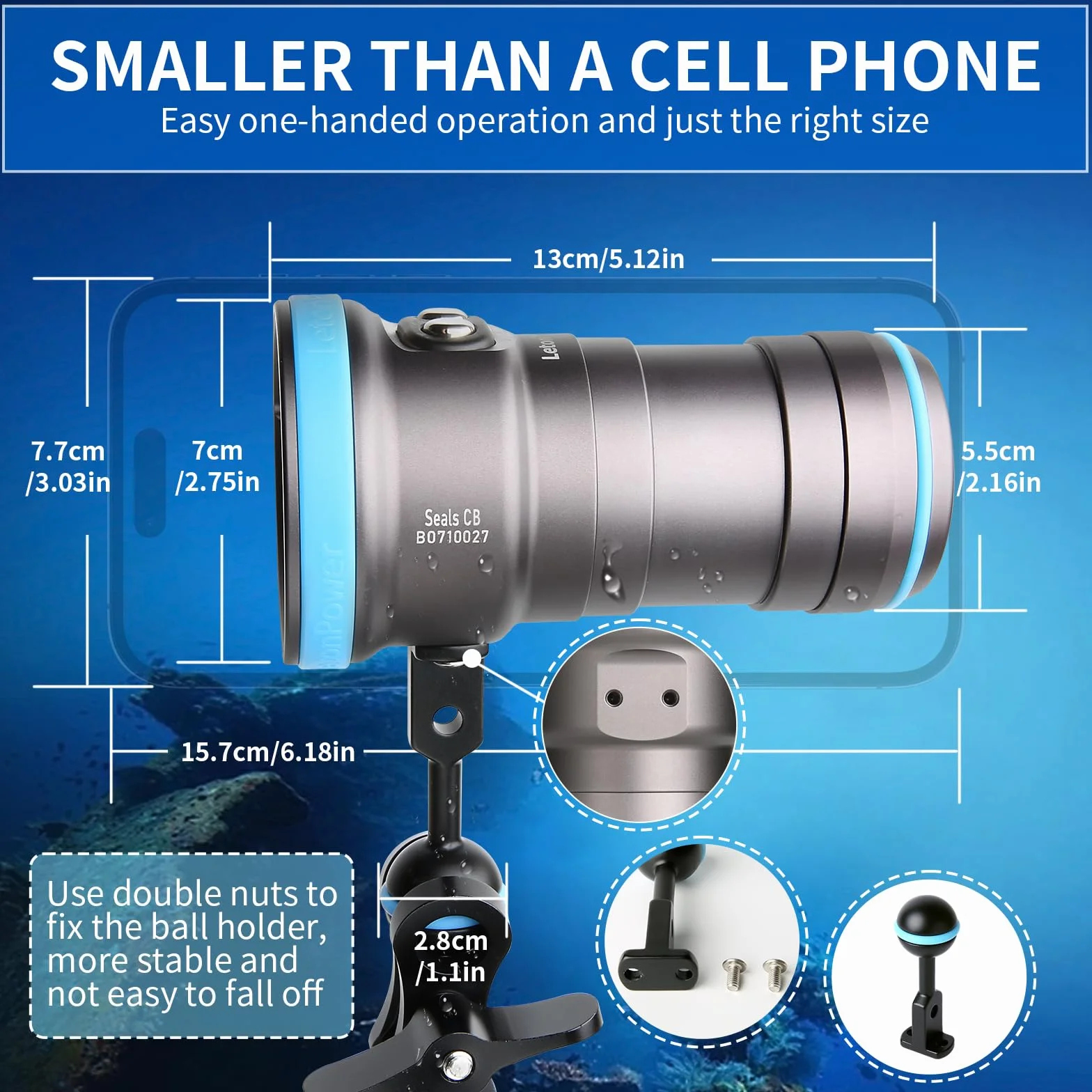 Seal CB Torcia Video Subacquea 4000 Lumen - 120° CRI 94 6500K, Impermeabile 100m, Ricarica USB-C per Video e Foto Subacquee Professionali