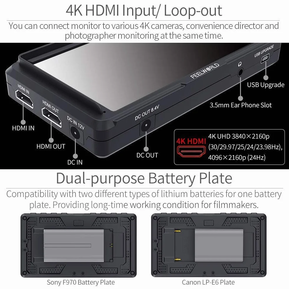 Feelworld F5 5 Pollici On Camera Field Monitor DSLR Small Full HD 1920x1080 IPS Video Peaking Focus Assist con 4K HDMI 8.4V DC Input Output Includono Tilt Arm