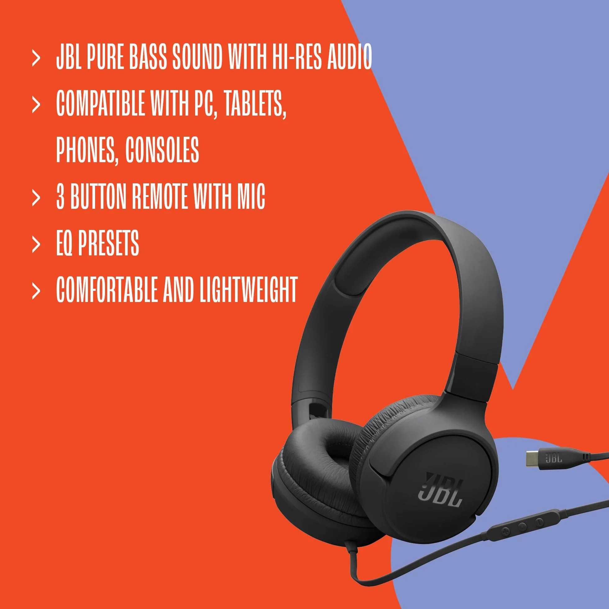 JBL Tune 520 C Cuffie con Filo On Ear, Microfono, Suono JBL Pure Bass, Preimpostazioni EQ, Connettività USB Tipo C, Design Pieghevole e Cavo Anti-Groviglio, Viola